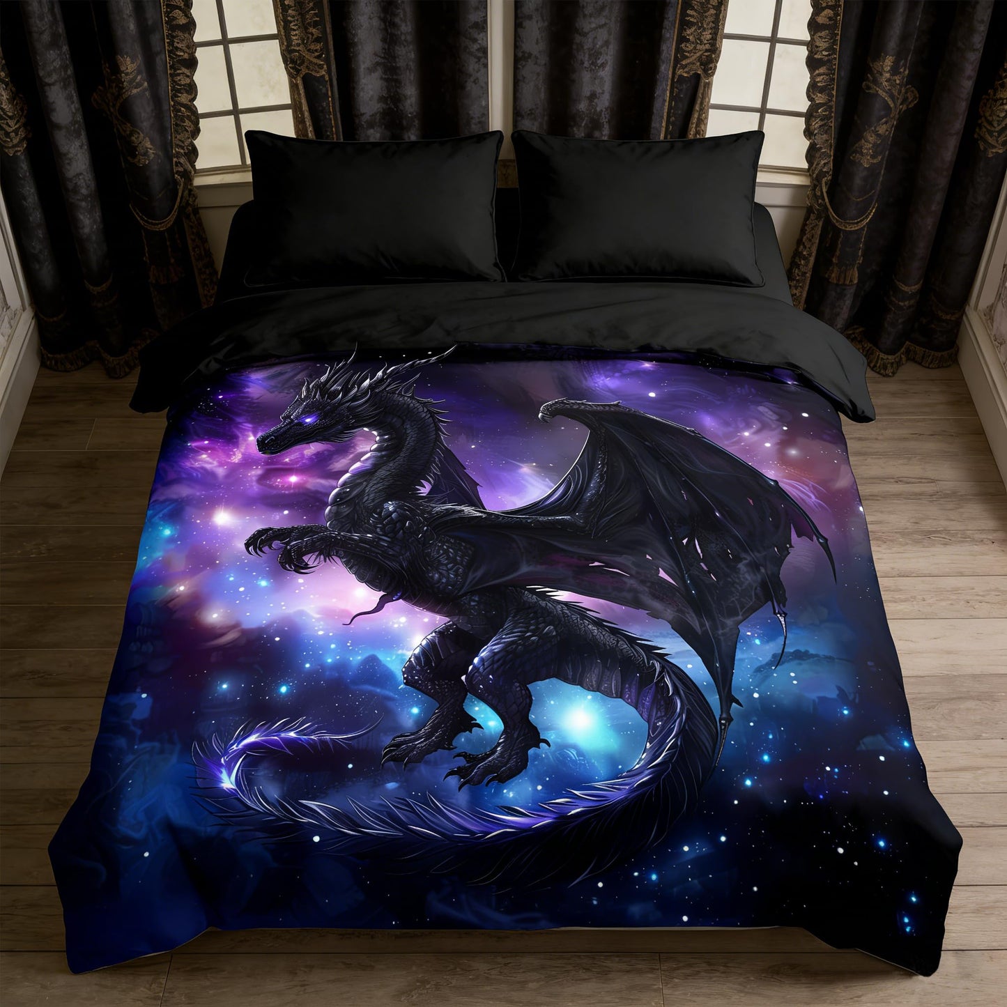 CCoutueChen Fantasy Dragon Bedding Set Purple Blue Nebula Comforter Set Queen Size Mysterious Outer Space Bedding Set for Kids Boys Girls Teens Room Decor Safari Wildlife Animals Quilt Set