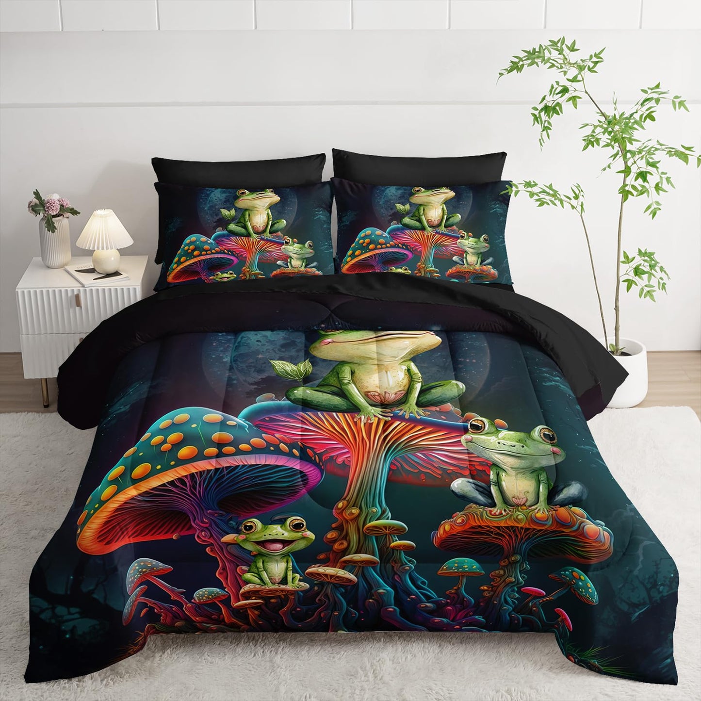 AILONEN Cartoon Frog Comforter Set Queen Size,Magic Mushroom Frog Bed in a Bag,7Pcs Soft Microfiber Black Comforter,Fitted Sheet,Flat Sheet,2 Pillowcases,2 Pillow Shams