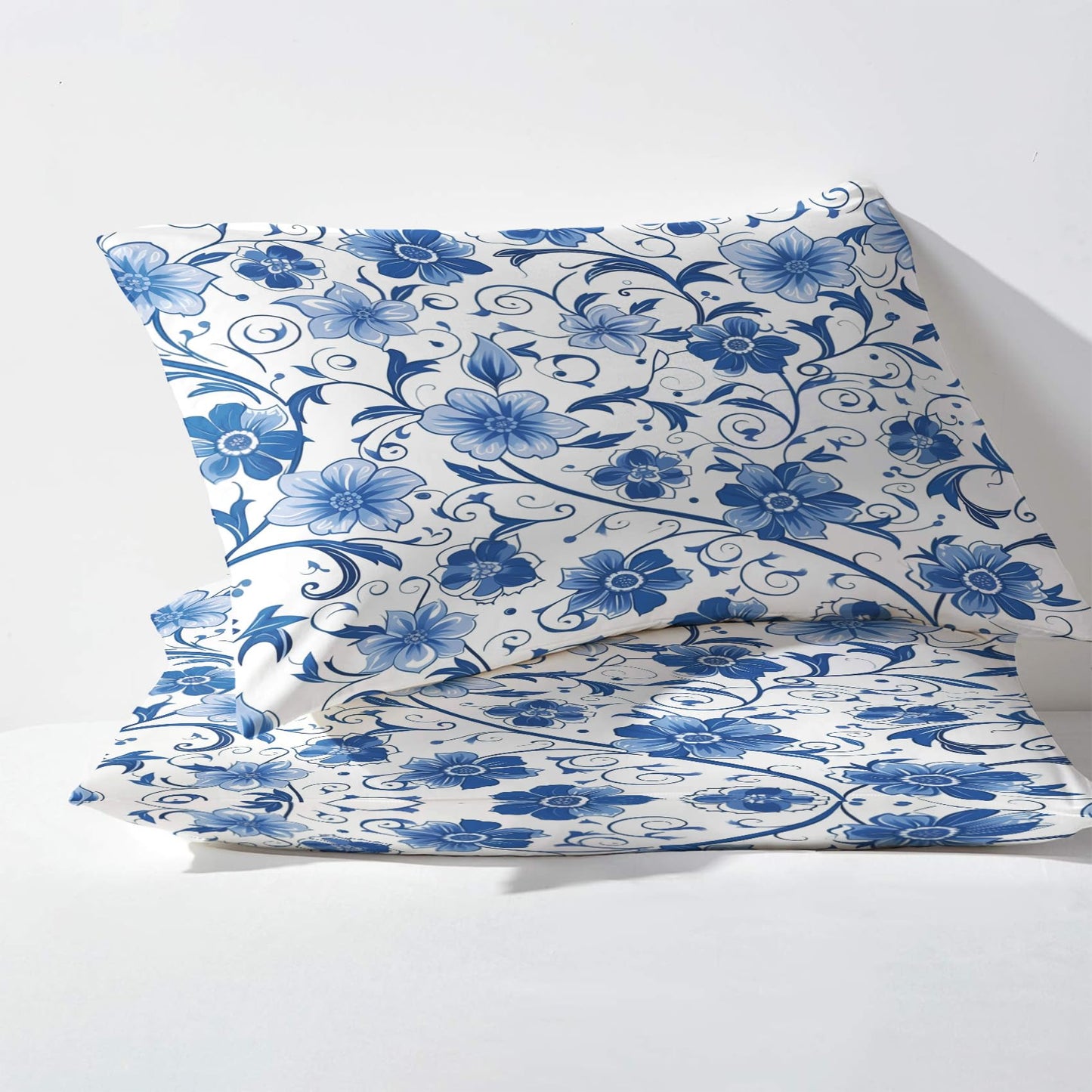 NOGAWA Blue Floral Sheets Queen Size, Flower Botanical Bed Sheets, Patterned Bedding Sheets & Pillowcases 4 Piece Set - Soft Microfiber Deep Pocket Fitted Sheet & Flat Sheet & 2 Pillow Cases