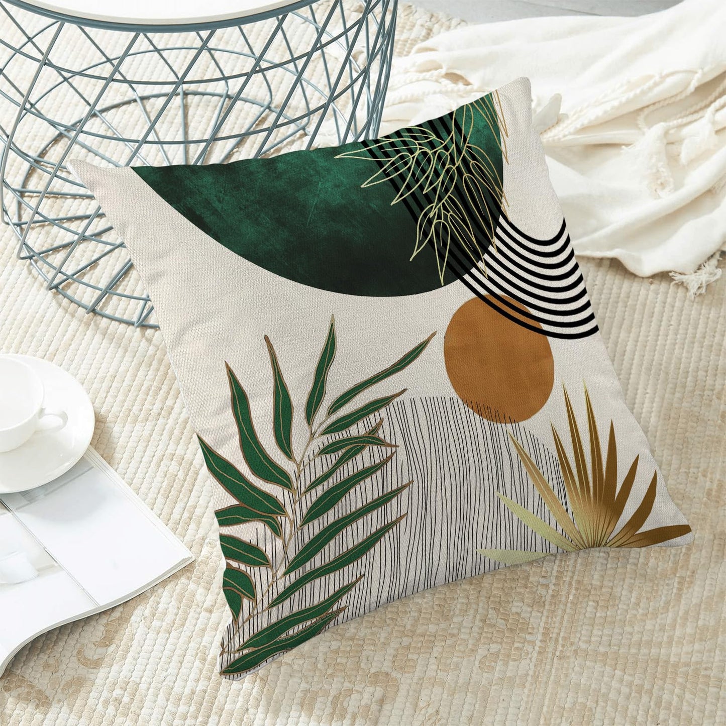 Yxuiyal Boho Pillow Covers 18x18 Set of 2 Green Gold Throw Pillow Covers Outdoor Decorations Mid Century Bohemian Style Tropical Leaves Pillowcase Farmhouse Decorative Cushion Case for Home Couch