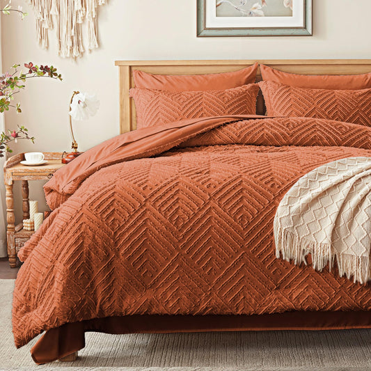Zzlpp Queen Comforter Set 7 Pieces, Burnt Orange Tufted Bed in a Bag with Comforter, Pillow Shams, Pillowcases, Flat Sheet, Fitted Sheet