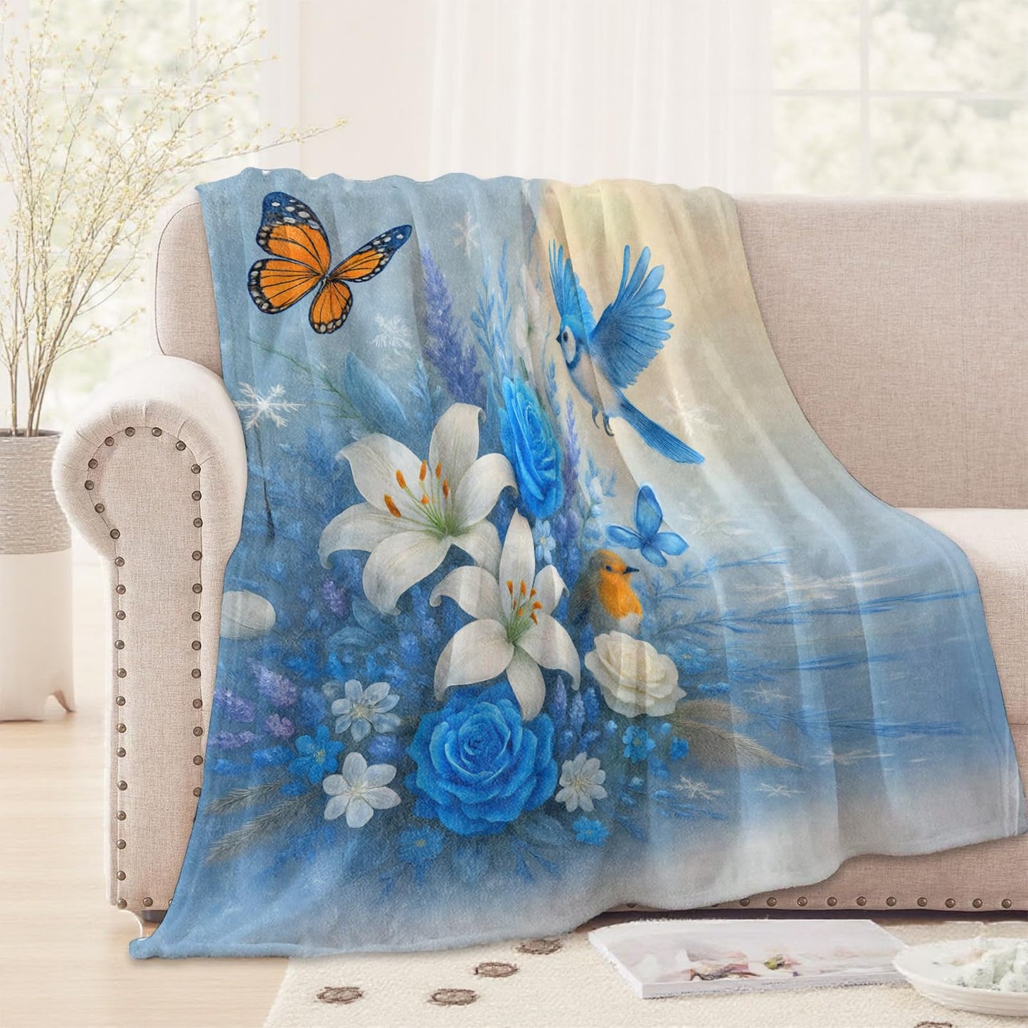 WKEDIN Winter Floral and Bird Blanket,50x60in,Cozy Flannel Throw with Blue Rose White Lilie Butterfly Snowflakes Design,Soft Lightweight Gifts Blankets for Women,Sofa Bed Travel Farmhouse Decor