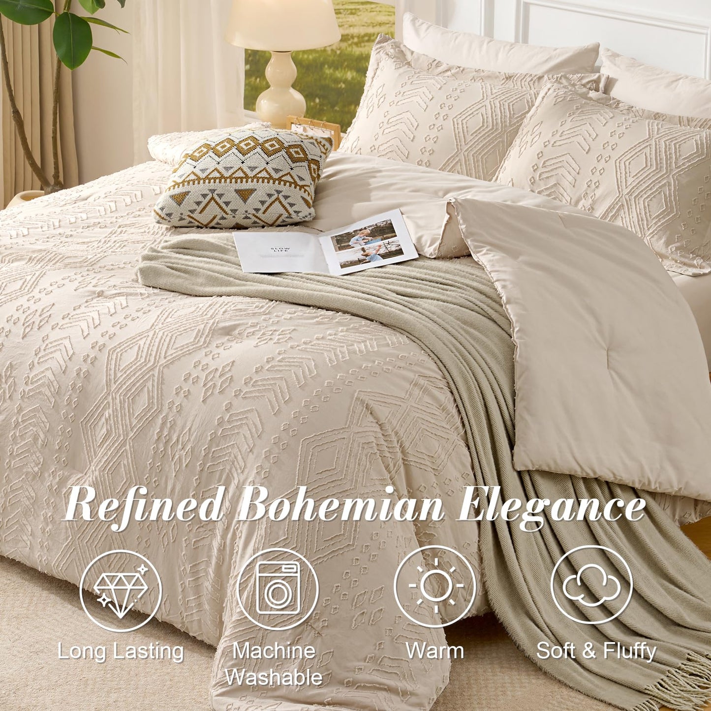 Jameswish Queen Comforter Set - Bed in a Bag Boho Summer Bed Set, 7 Pieces Soft Fluffy Lightweight Queen Comforter for All Seasons,Gifts for Woman, Farmhouse Shabby Chic Embroidered Bedding