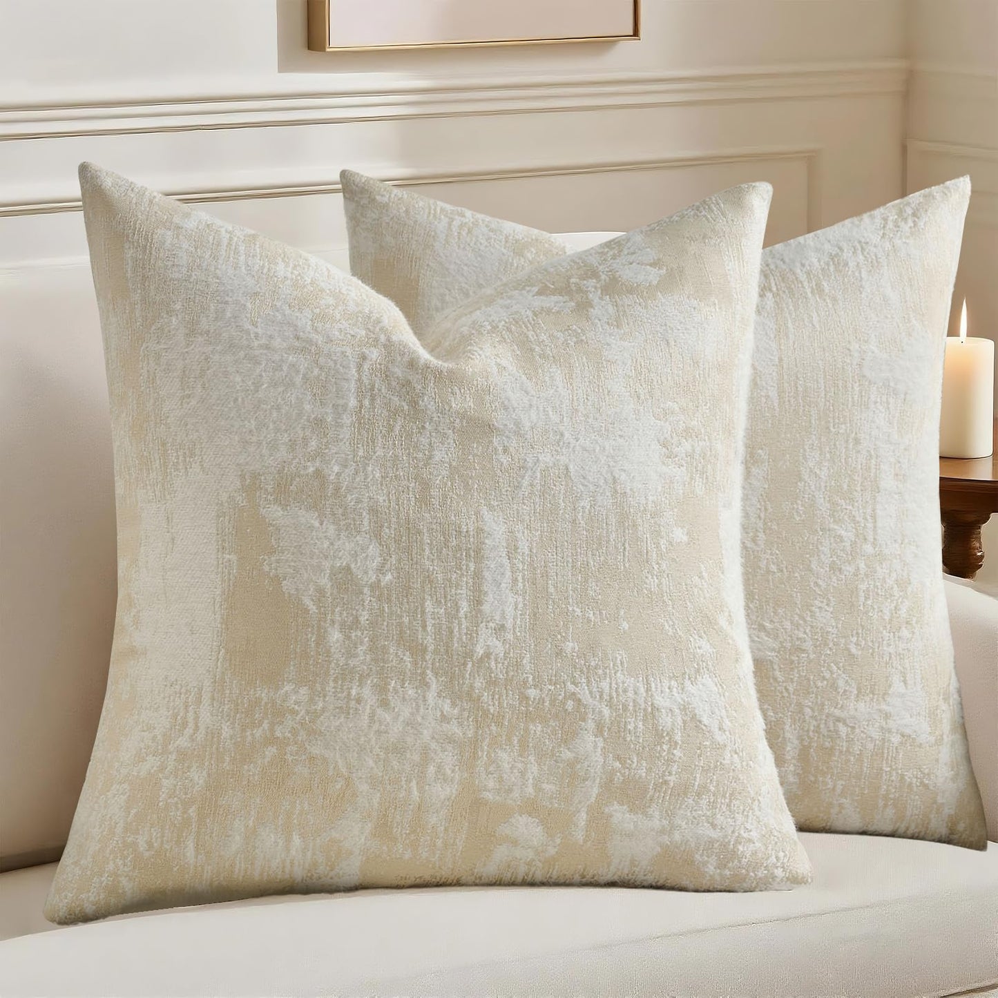 HAUSSY Pack of 2 Lumbar Throw Pillow Covers 18x18 Inch,Faux Cashmere Jacquard Decorative Patten Furry Pillowcases Textured & Soft Cushion Covers for Couch Bed Room Home Decor,Beige White(Covers Only)