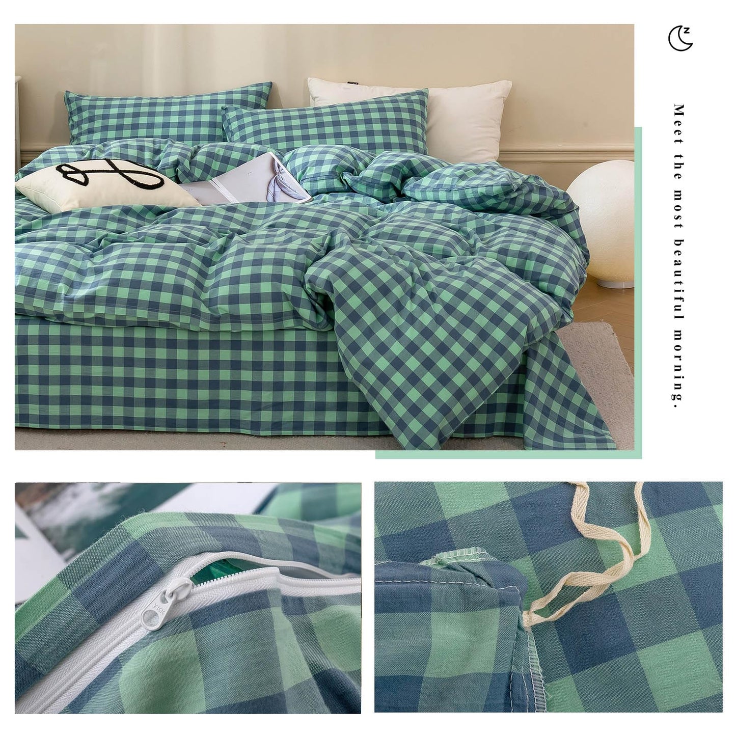 VM VOUGEMARKET Green Plaid Bedding Set Queen 3 Pieces Denim Blue Checkered Duvet Cover with Zipper Ties 2 Pillowcases 100% Washed Cotton Luxury Soft Breathable Durable