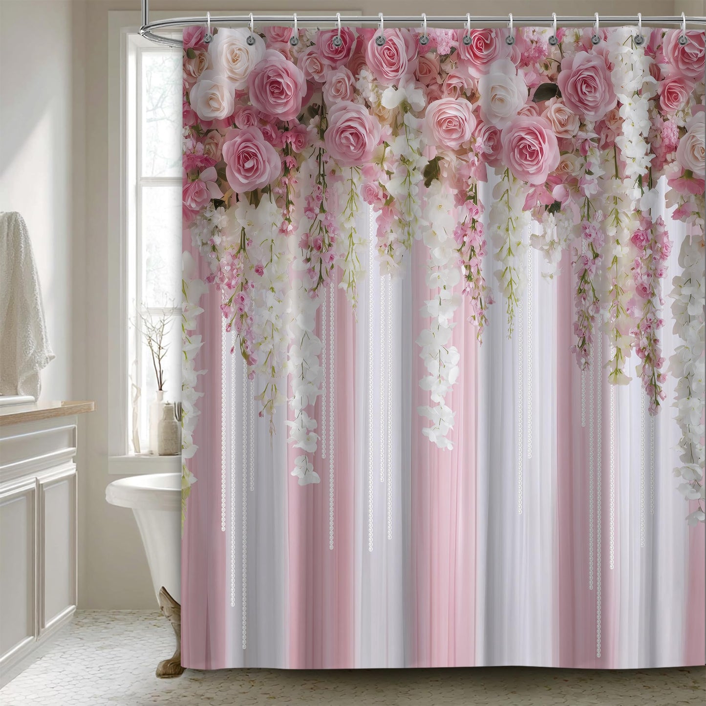 iTapnoom Pink Rose Shower Curtain 72x72 Inch, Romantic Floral Bathroom Curtain with Hanging Flower Garland Design Waterproof Fabric Bath Curtain Set with 12 Hooks for Home Decor