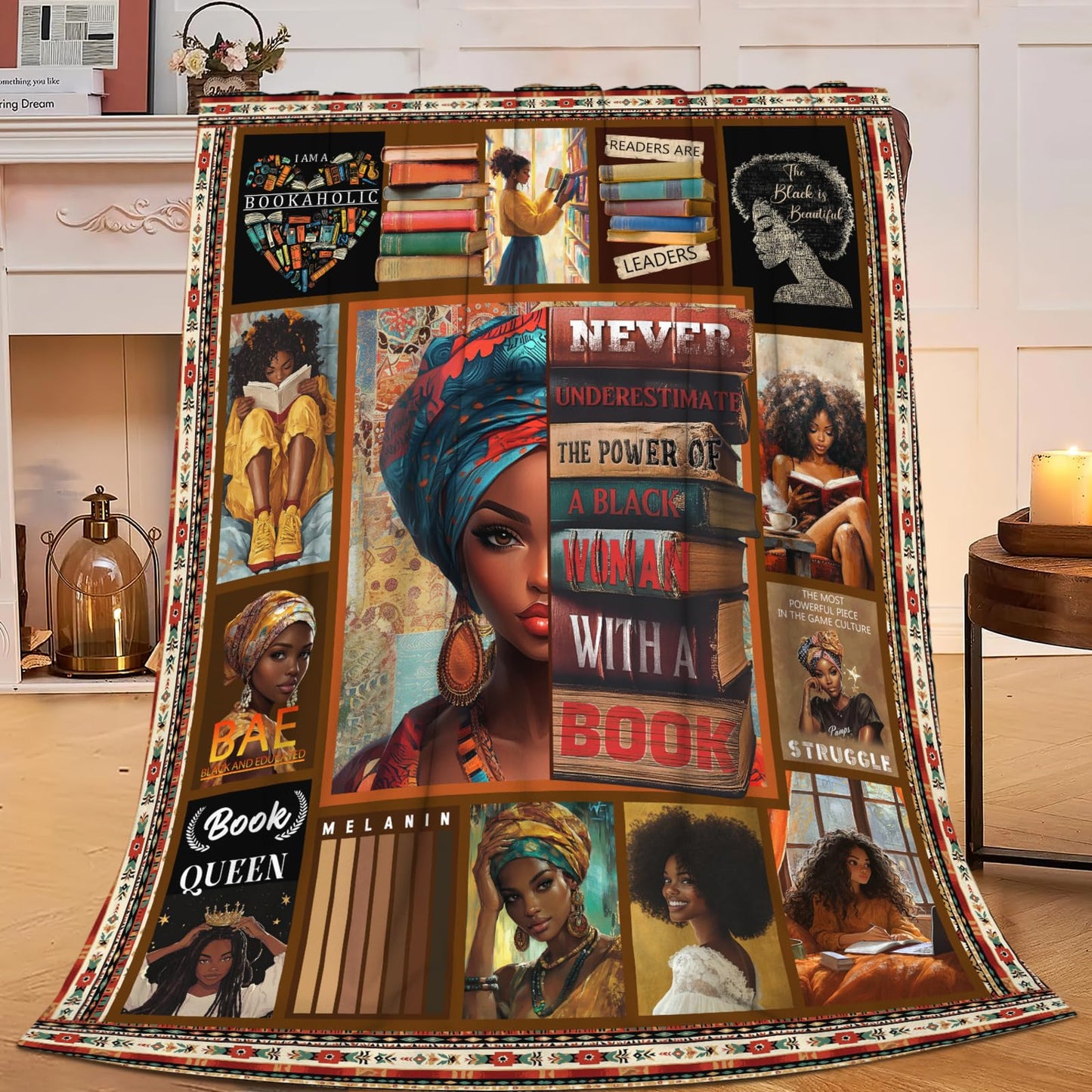 African American Gifts for Women, Book Lover Throw Blanket, Black Women Reading Flannel Blanket, Cozy Fleece Soft Stuff Blankets Gift for Girls Couch Sofa Bed 50" x 40"