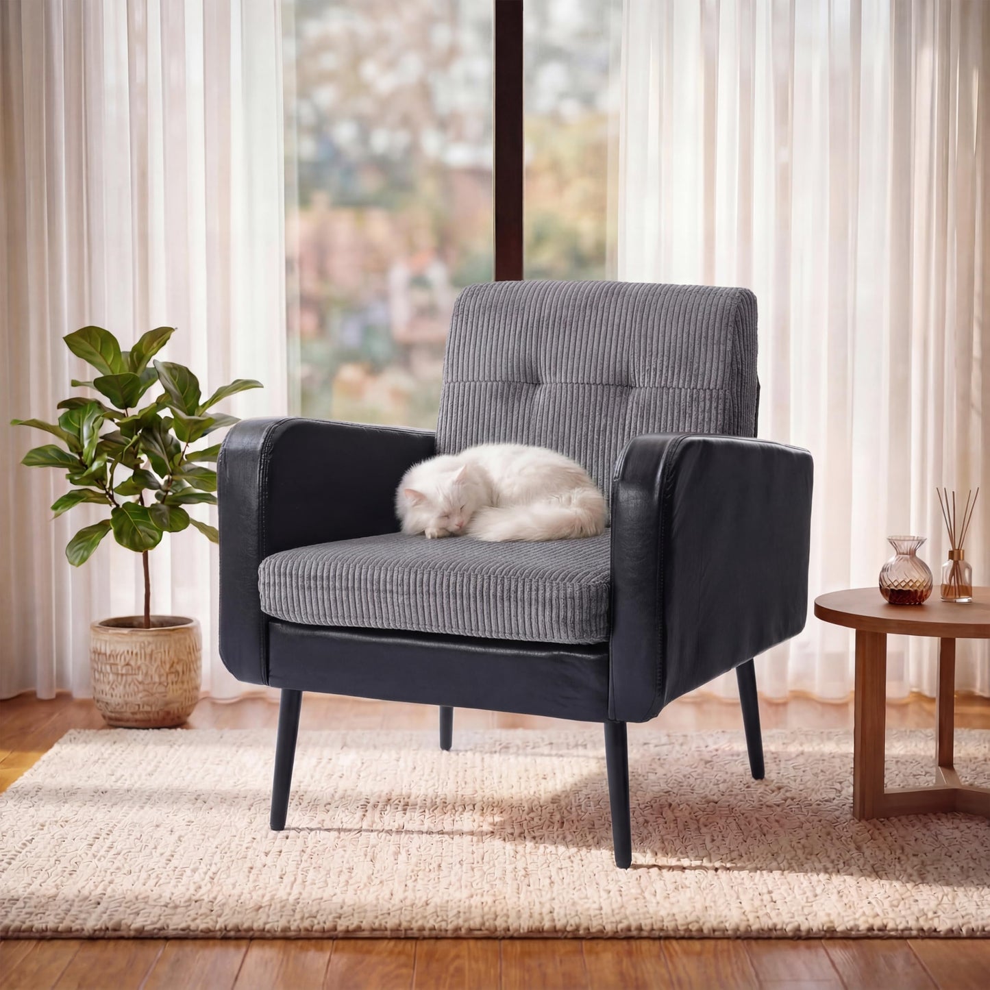 Accent Chair for Living Room armchair,Comfy Upholstered Modern armchair, Vintage Reading Chair, Versatile Sitting Chair with Metal Legs for Living Room Bedroom Office Waiting Room Study (Grey&Black)