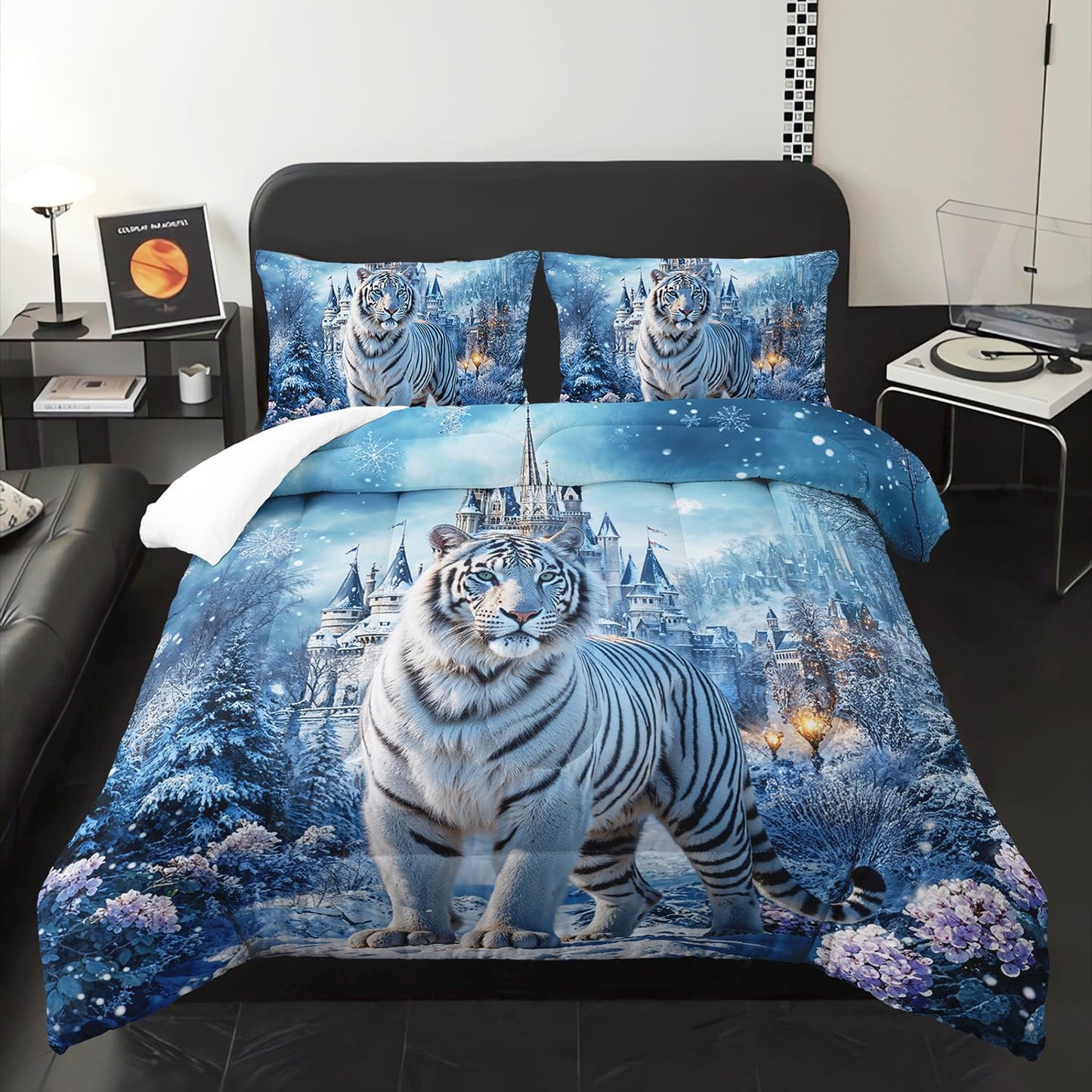 White Tiger Wild Animal Comforter 3Pcs Twin Safari Hunt Flower Bedding Set