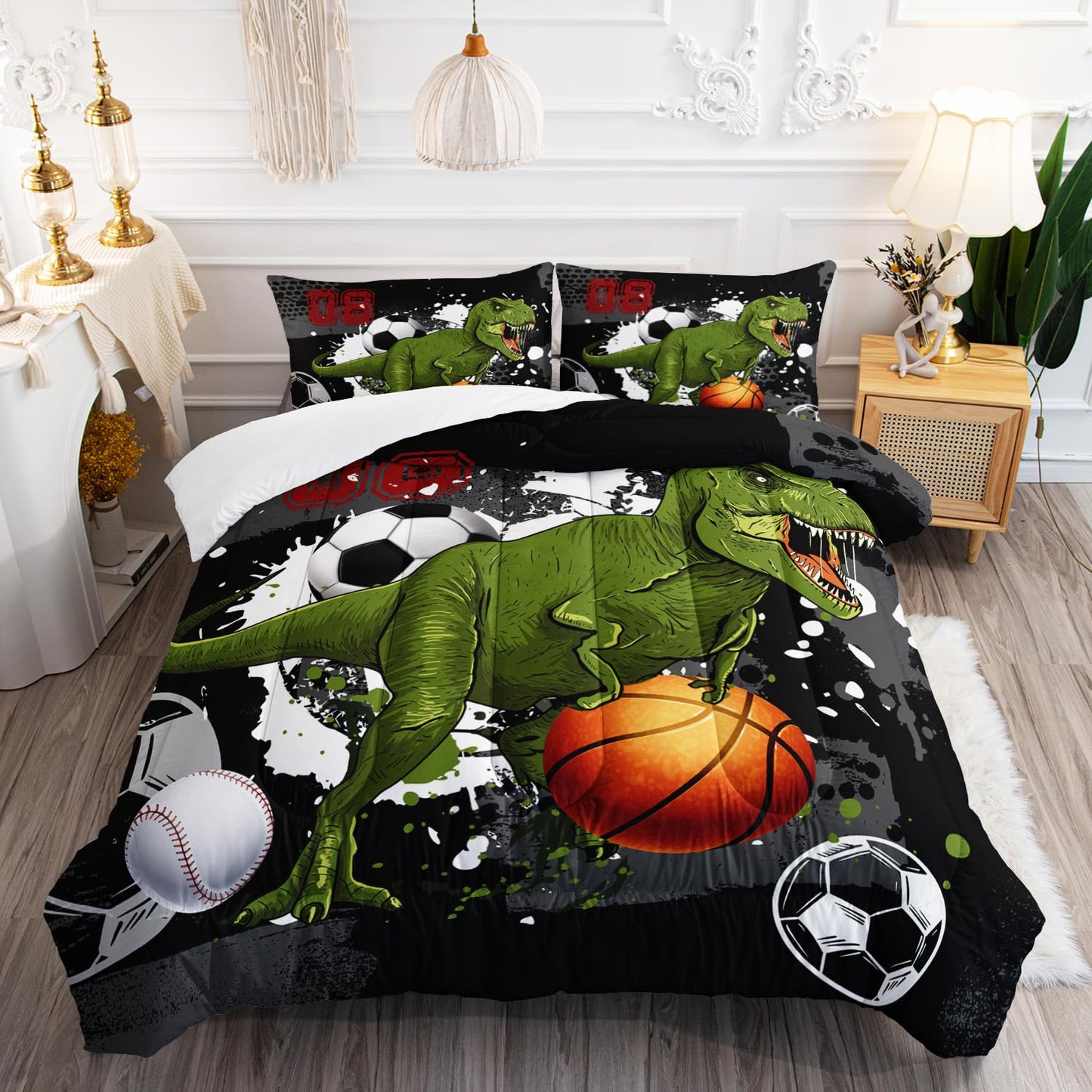 AILONEN Boys Dinosaur Comforter Set Twin Dinosaur Bedding Set,Sport Basketball Soccer Ball Print Comforter Set,3 Pieces Teen Boys Bed in a Bag, 1 Quilt and 2 Pillowcases
