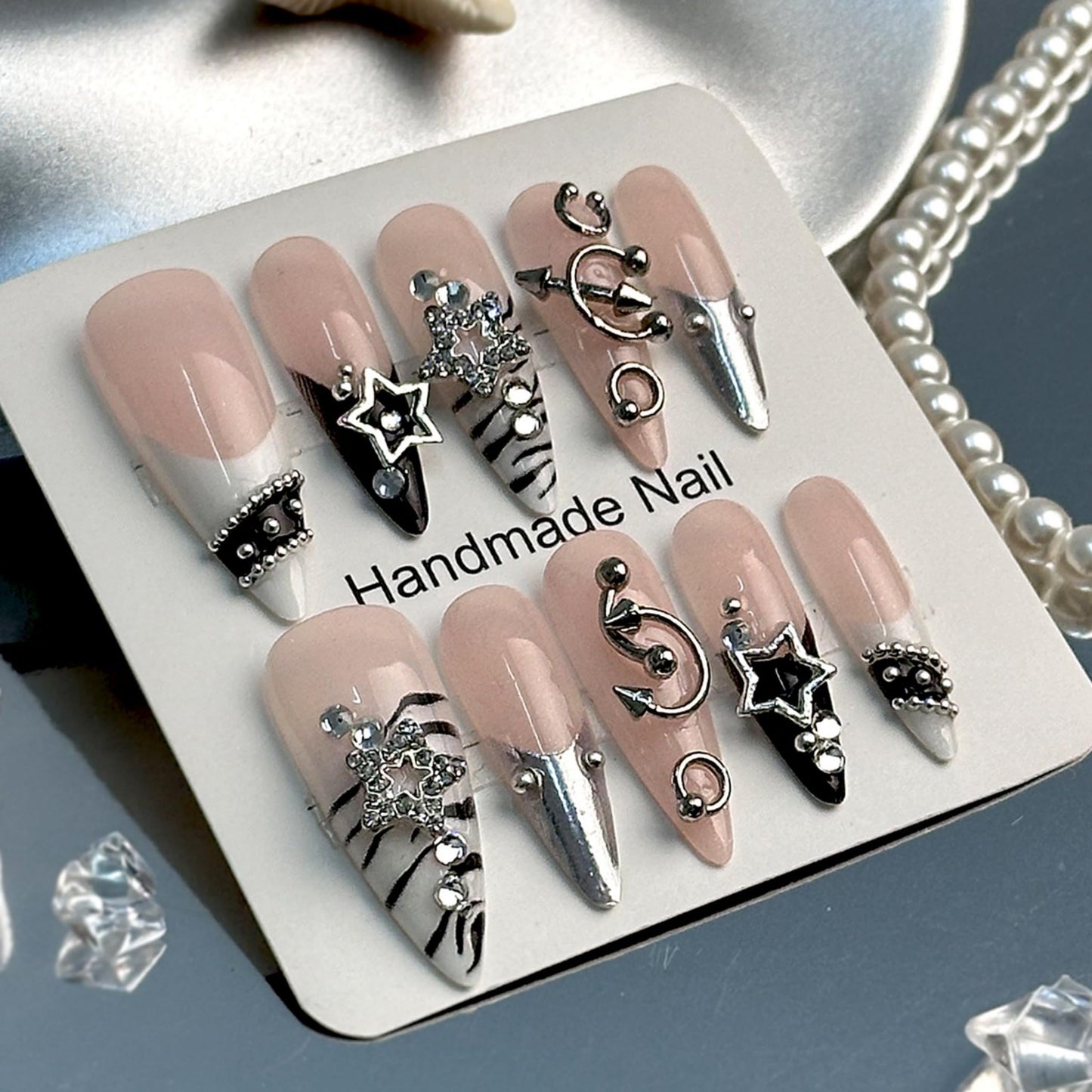 Long Press on Nails Almond Fake Nails Black Artificial Nail Silver Charm Rhinestones Stick on Nail for Women 24pcs