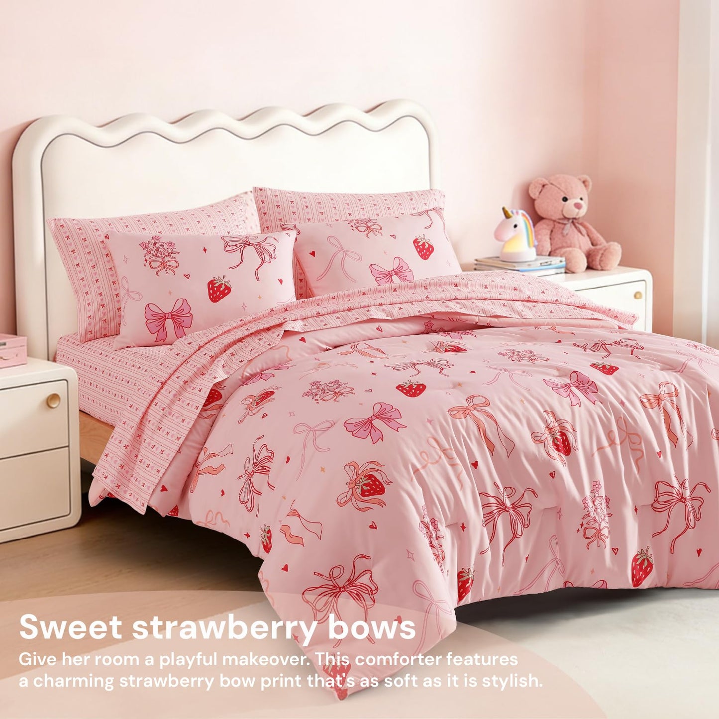BLOOMHAVEN Twin XL Comforter Set for Girls, 5 Pieces Pink Bedding Set with Strawberry Bow, All Seasons Kids Twin Comforter Set with Sheets, Pillowcase & Sham