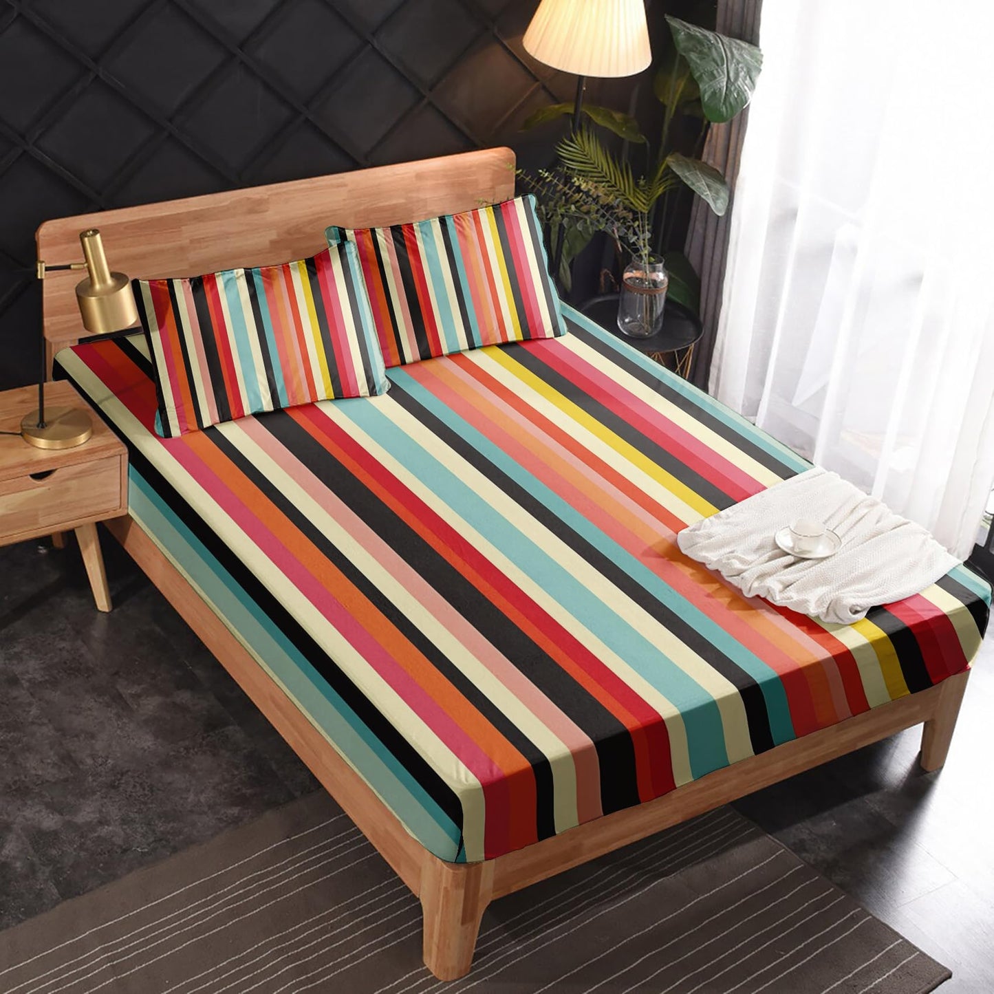 zcsm Colorful Striped Sheets Queen Sheet Set - Multicolor Stripe Bed Sheets, Soft Microfiber & Deep Pocket & Wrinkle Free Bedding Sheets & Pillowcases, 1 Fitted Sheet, 1 Flat Sheet, 2 Pillow Cases
