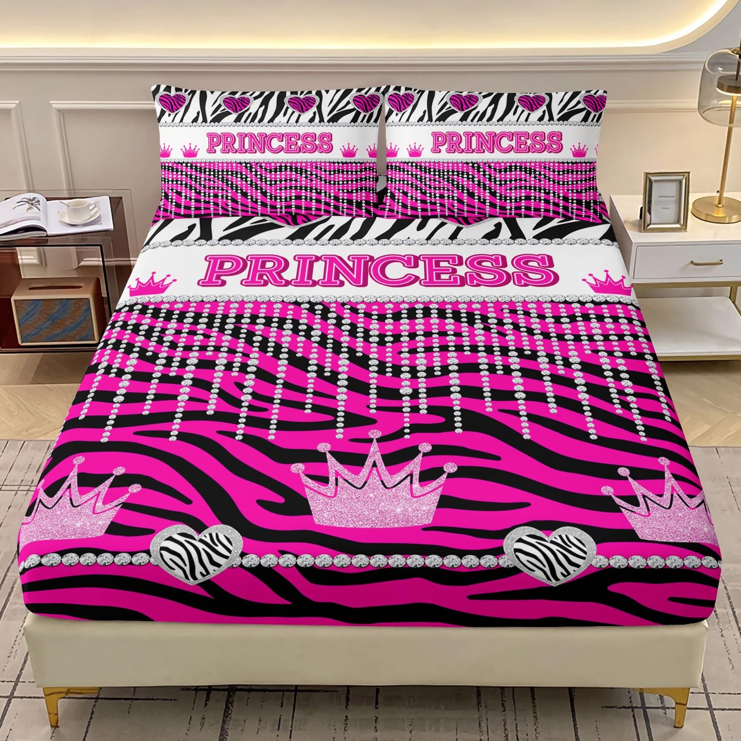 AILONEN Hot Pink Princess Fitted Sheet Twin XL Size with 2 Pillowcases,Zebra Stripes Bedding Set 3Pcs for Girls,Glitter Crown & Heart Bed Sheet Set for Home Decor