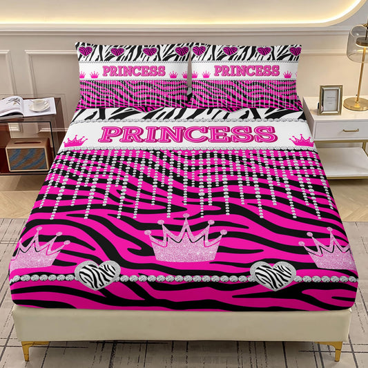 AILONEN Hot Pink Princess Fitted Sheet Twin XL Size with 2 Pillowcases,Zebra Stripes Bedding Set 3Pcs for Girls,Glitter Crown & Heart Bed Sheet Set for Home Decor