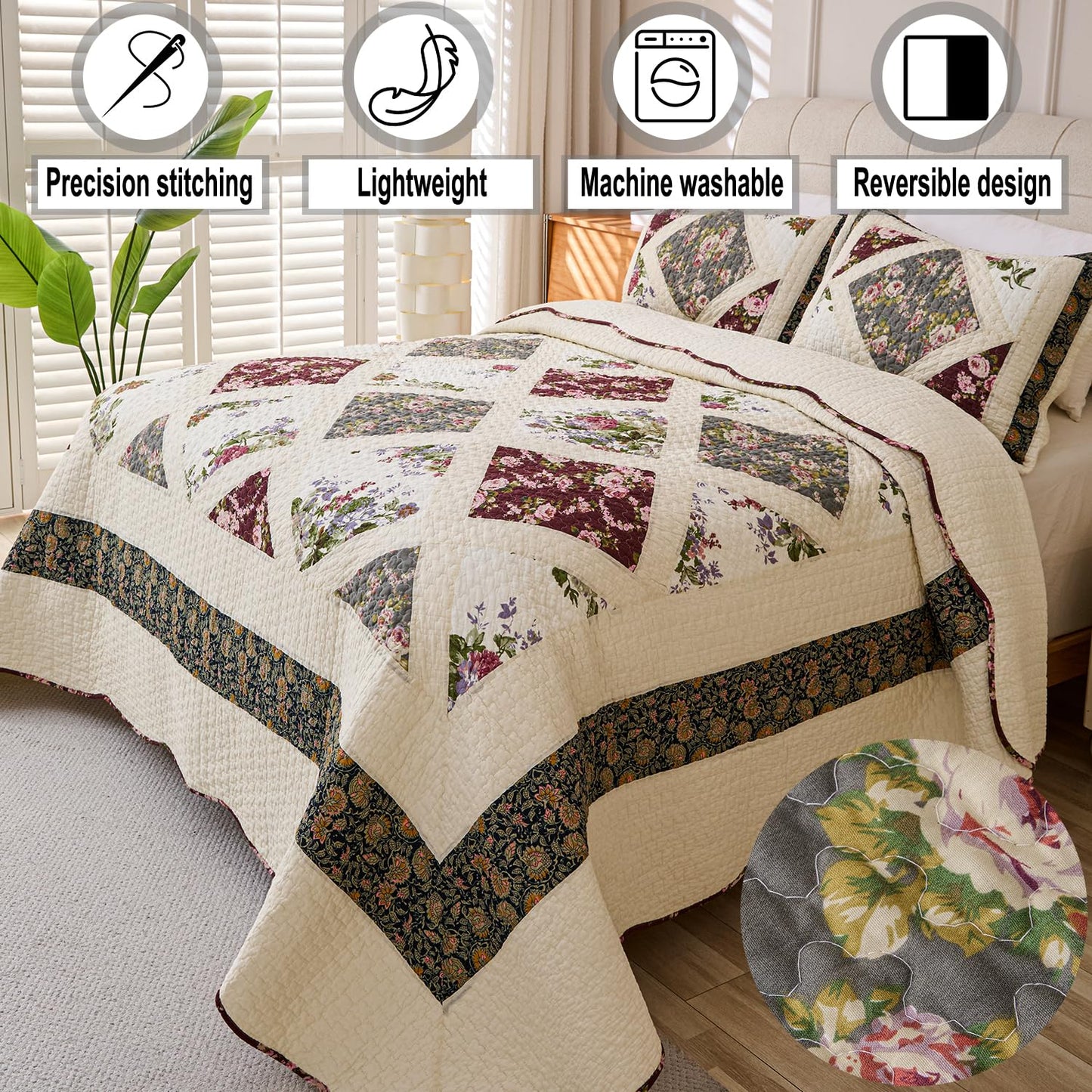 Cmfshape Floral Quilt Sets Bedspread Set 100% Cotton Patchwork Bedding Set,All Season Use Lightweight Reversible Coverlet Quilts with 2 Pillow Shams(Queen 92"x96")
