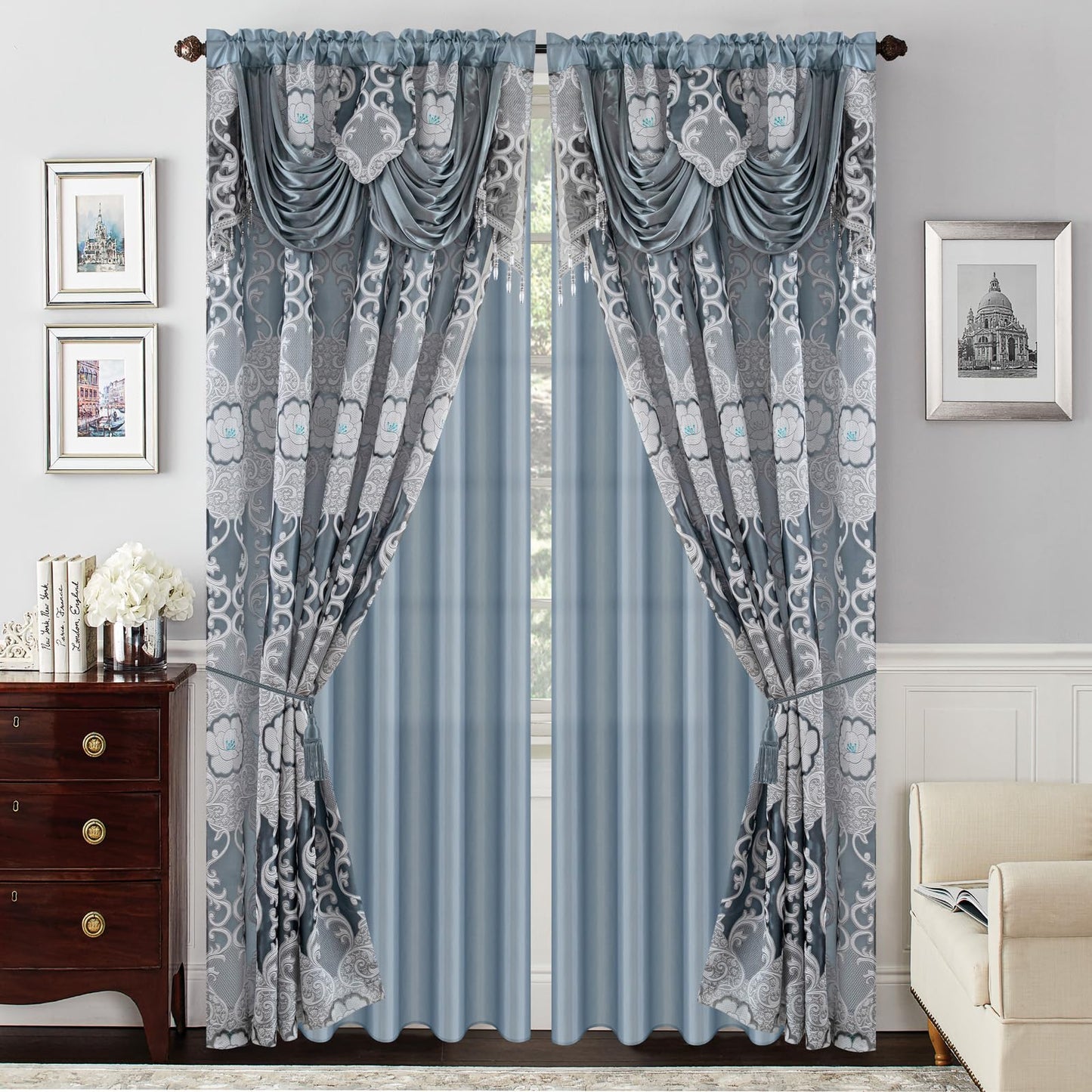 Petrichor Gray Sheer Jacquard Voile Curtains （54" W x 84" L）, 2 Panels with Attached Valance, Double Layer Floral Cutwork Design with Luxurious Texture, Rod Pocket, for Bedroom & Living Room