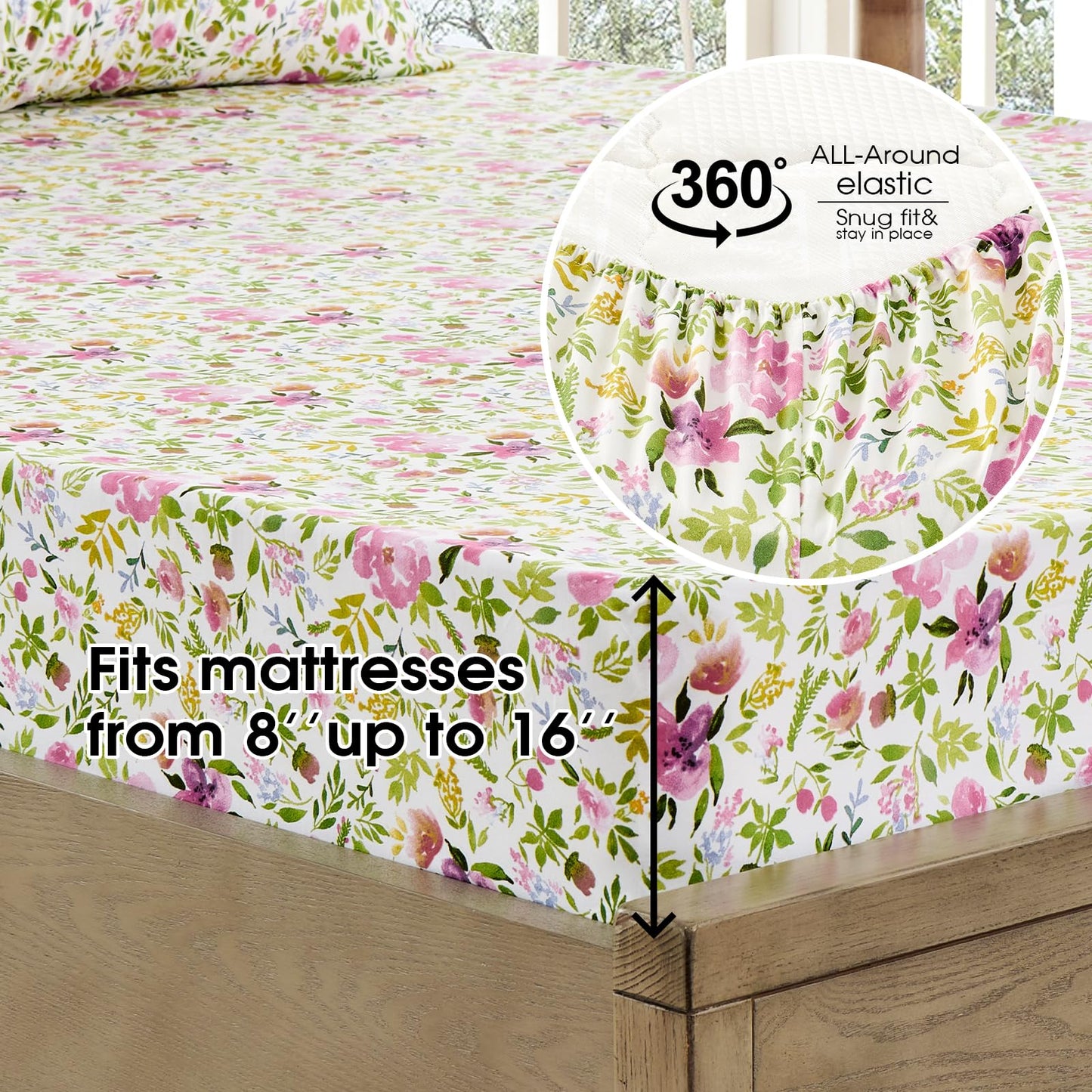 FreshCulture Floral Bed Sheets - Ultra Soft King Size Sheets Set - Brushed Microfiber Floral Sheets - Deep Pockets - Easy Care - Hotel Luxury 4 Piece Flower Printed Sheets King, Aquarelle