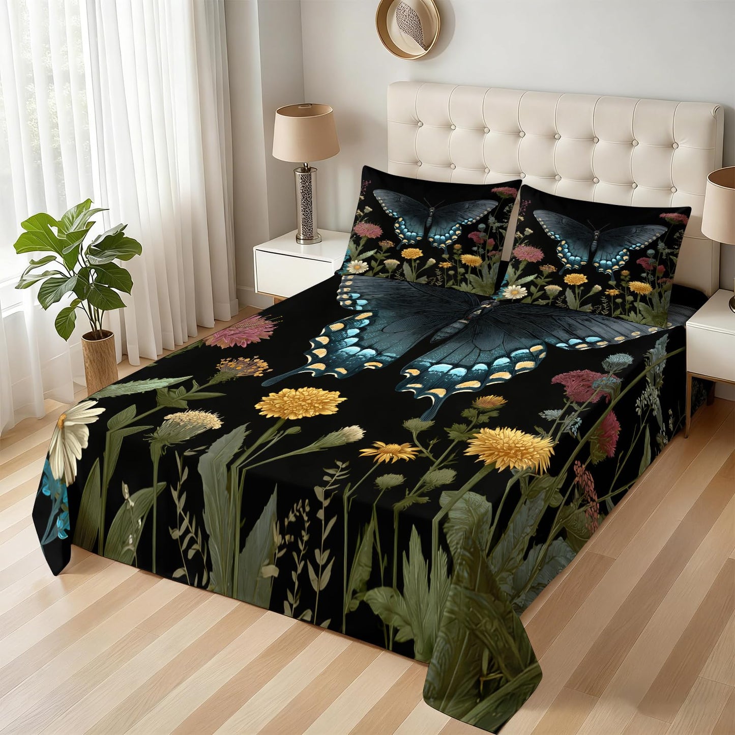 ZAOMIR Black Butterfly Sheets King for Women, Wildflower Botanical Dark Bed Sheet & Pillowcases Sets 4 Piece, Vintage Gothic Aesthetic Bedding Deep Pocket Fitted Sheet & Flat Sheet