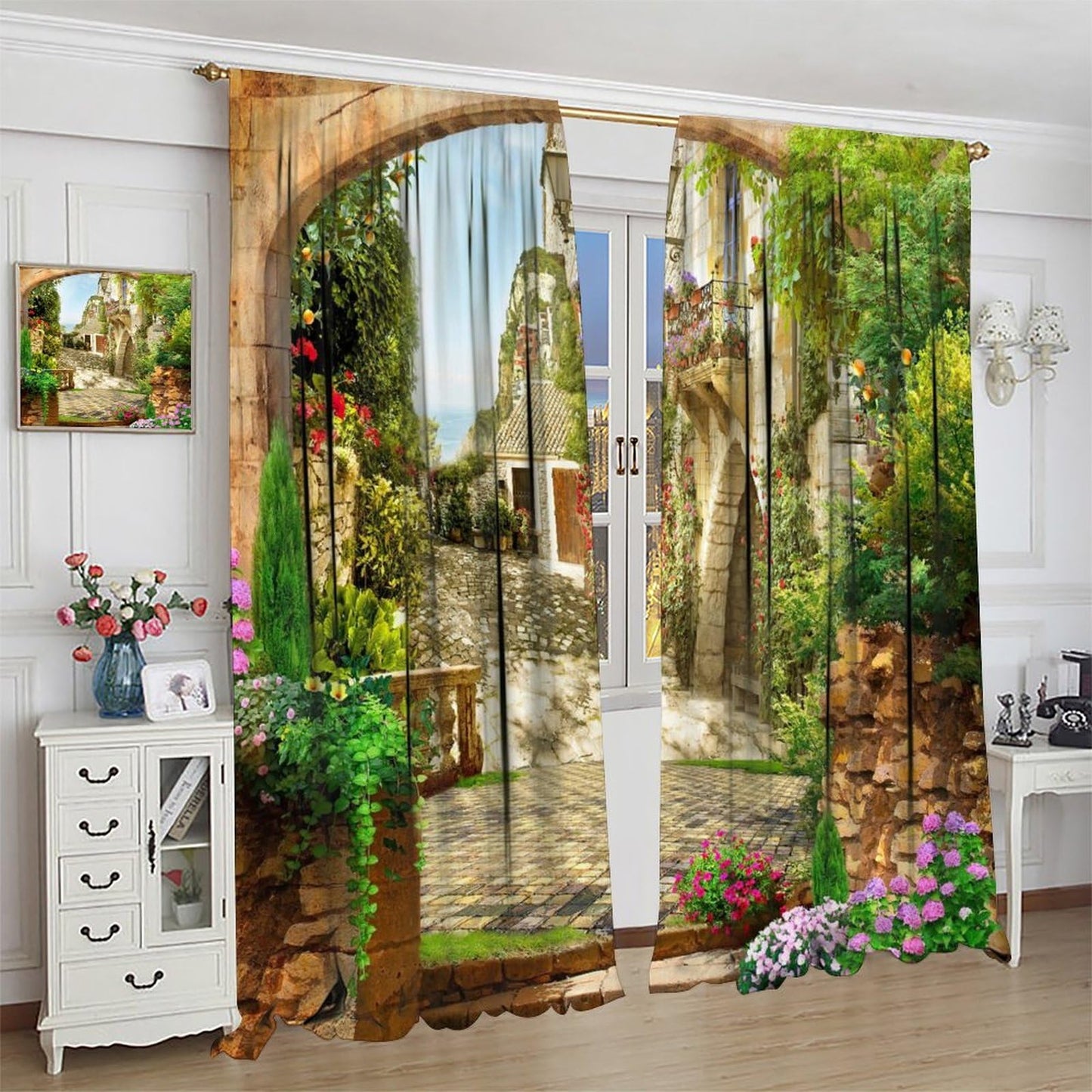 GoDazzling European Natural Landscape Curtains, Stone Arch Beautiful Italian Courtyard Rod Pocket Window Drapes, for Living Room Bedroom 41" W X 45" L (No Blackout)