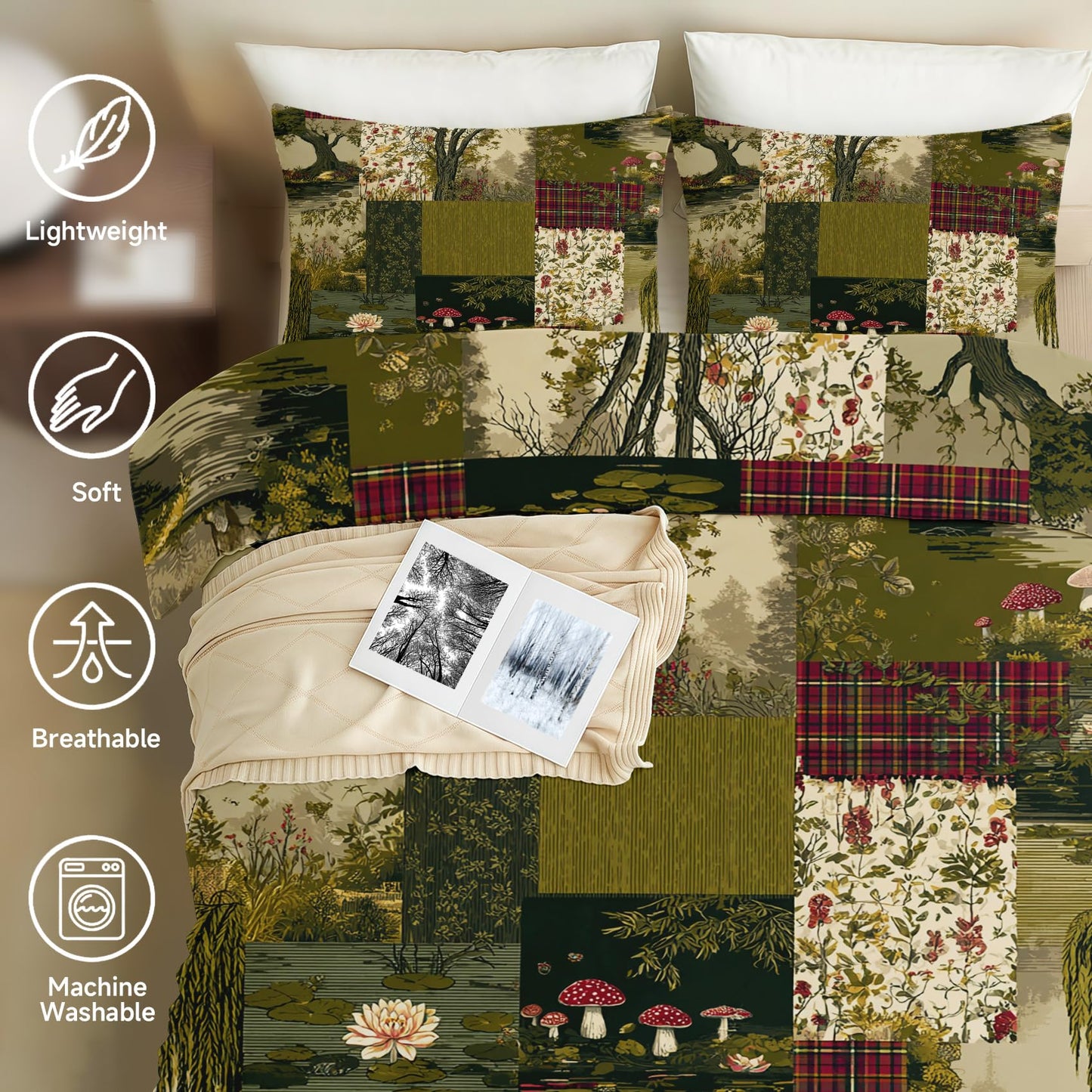 Botanical Patchwork Duvet Cover King Size Spring Floral Bedding, Green Red Rustic Comforter Cover Set Microfiber 3pcs Washed Comfy Breathable with 2 Pillow Shams & Zipper Closure, 104"x90"