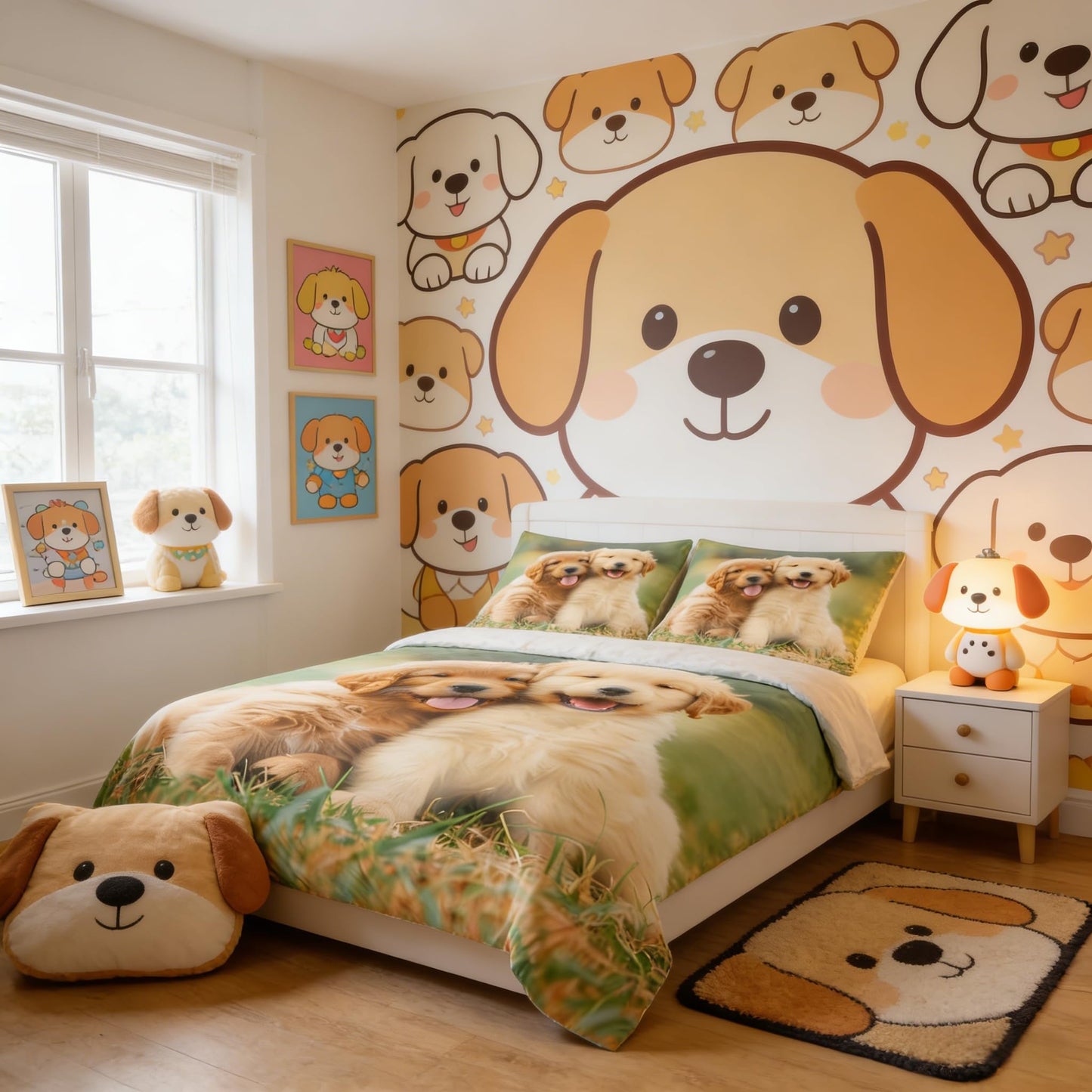 Homewish Cute Golden Retriever Bedding Set for Kids Teens Green Grass Decor Comforter Cover (No Comforter) Soft Polyester Duvet Cover Set (1 Duvet Cover + 2 Pillow Cases) Full Size