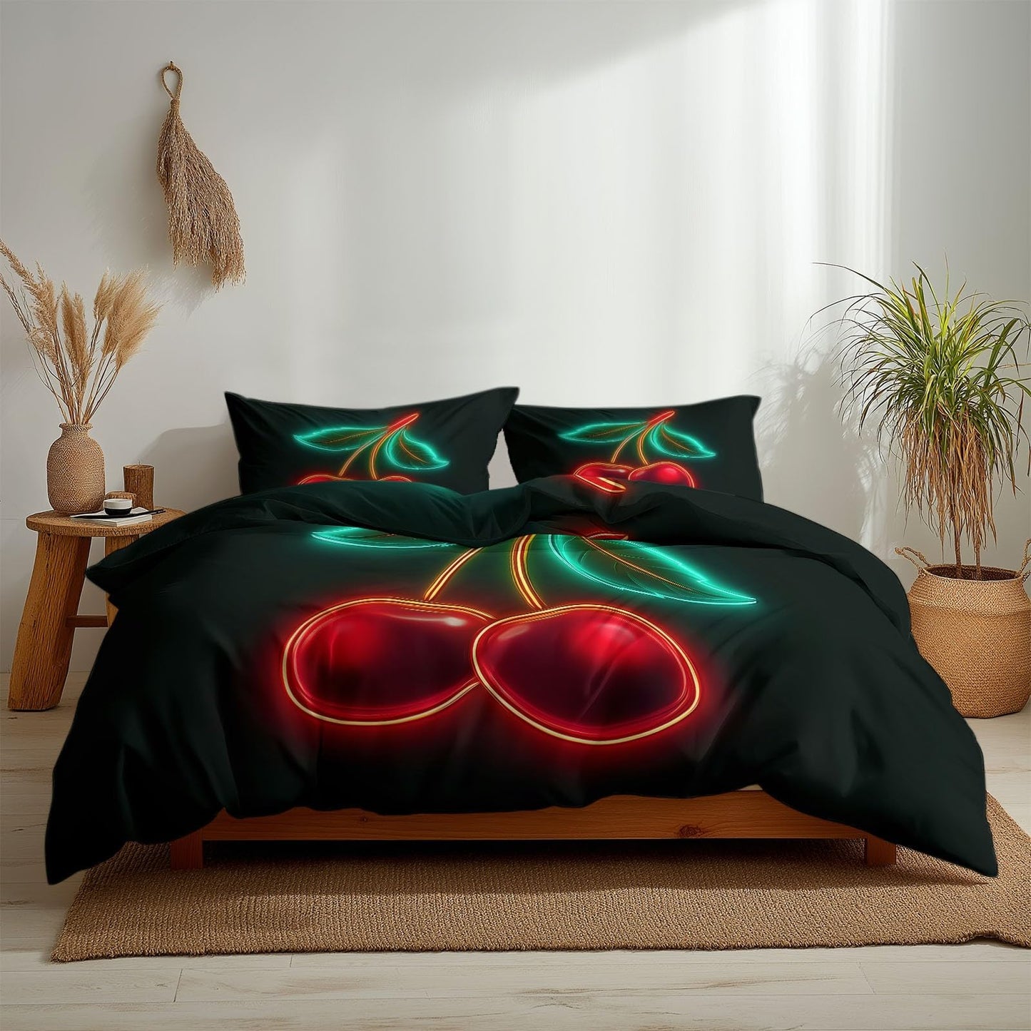 Super Soft Digital Art Duvet Cover Set Twin Size, Neon Futuristic Cherries Bedding for Kids Boys Girls Teens - Breathable and Anti-Allergic Soft Comforter Cover 2 Pillow Shams