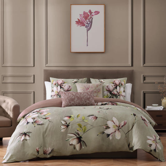 Bebejan Purple Lilies 100% Cotton Sateen 5 Piece Comforter Set, Purple Floral Reversible Bedding Comforter Set, 1 Comforter, 2 Shams & 2 Pillows (King/Cal King)