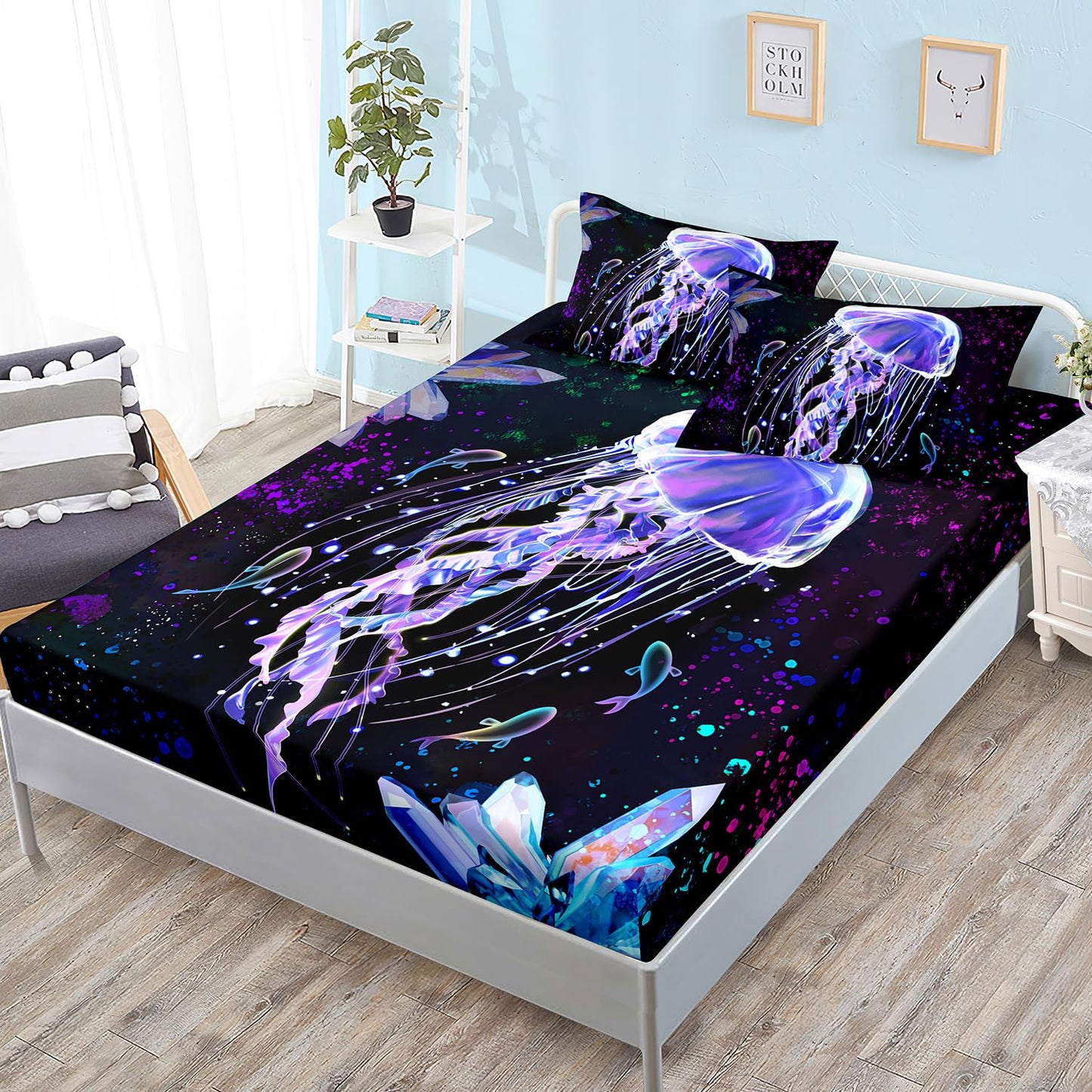 HOSIMA Dreamy Marine Life Sea Animal Bedding Colored Ink Fitted Sheet,Deep Sea Treasure Crystals Jellyfish Twin Bed in a Bag Set for Adults Kids,Ocean Beach Theme Bedding 3 Piece.