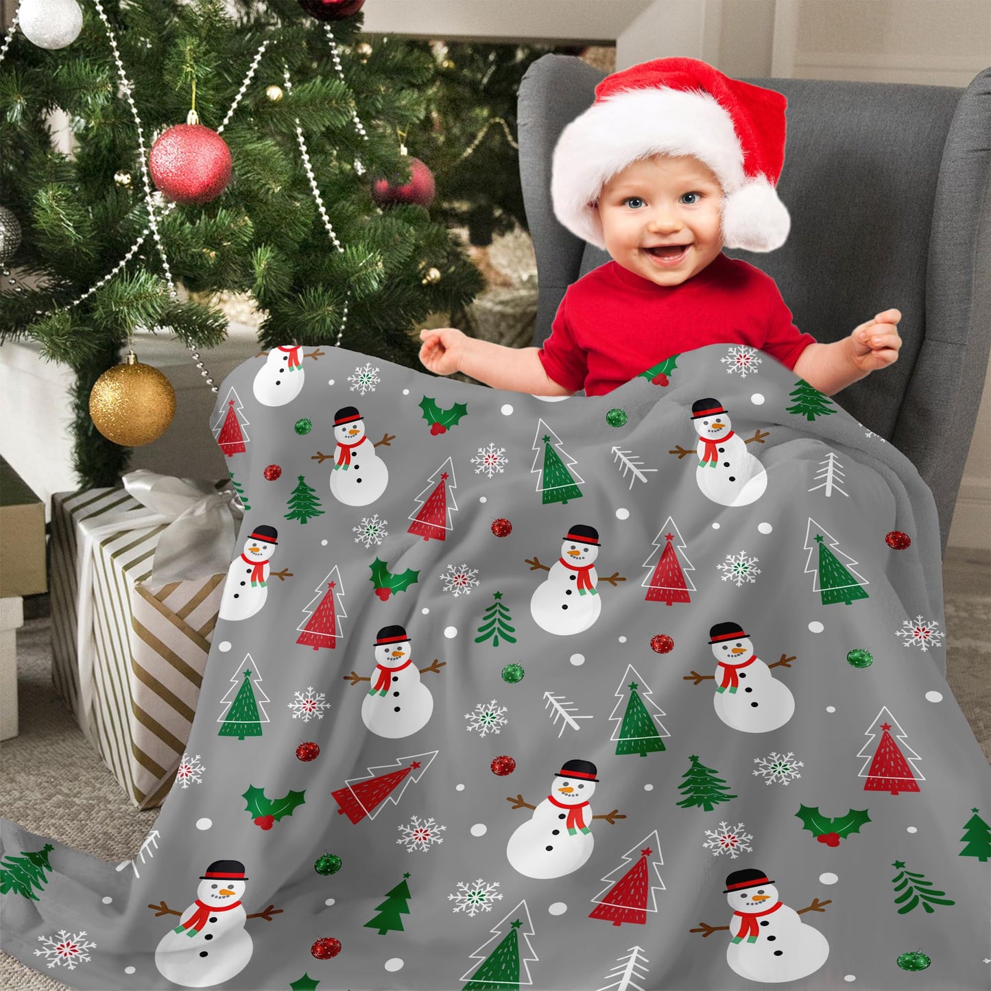 Christmas Snowman Throw Blanket Grey Christmas Fleece Blanket Soft, Plush, Warm Winter Cabin Throw, Christmas Throw for Sofa and Bed | Holiday Blankets and Throws 50X60 Inches