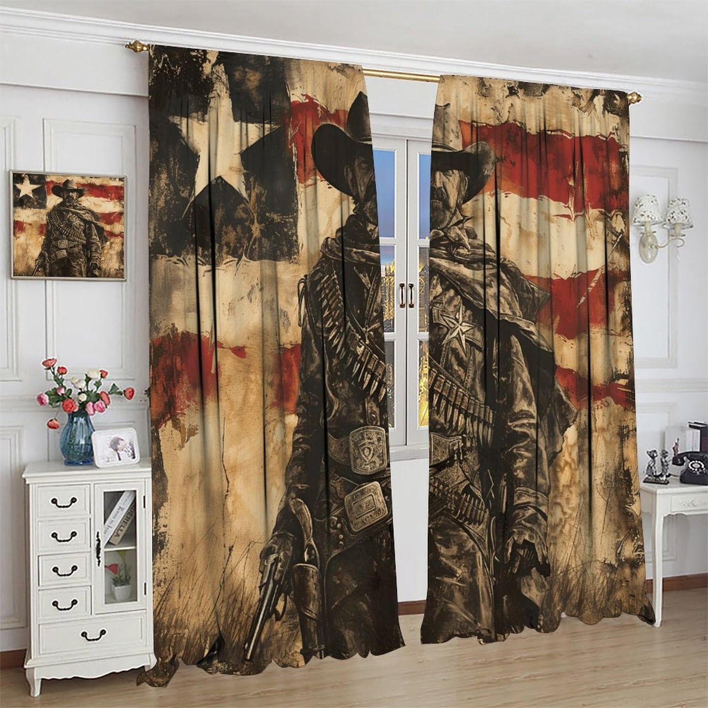 Nanacur American Flag Cowboy Curtains, Vintage Western Rod Pocket Window Treatment for Kitchen Boys Teens Adult Bedroom Living Cafe Drapes 41" W X 45" L (No Blackout)