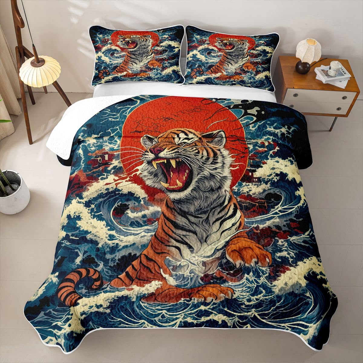 Erosebridal Japanese Style Quilt Twin Size - Watercolor Tiger Print Bedspread Red Sun and Japanese Wave Bed Coverlet with 1 Pillowcase