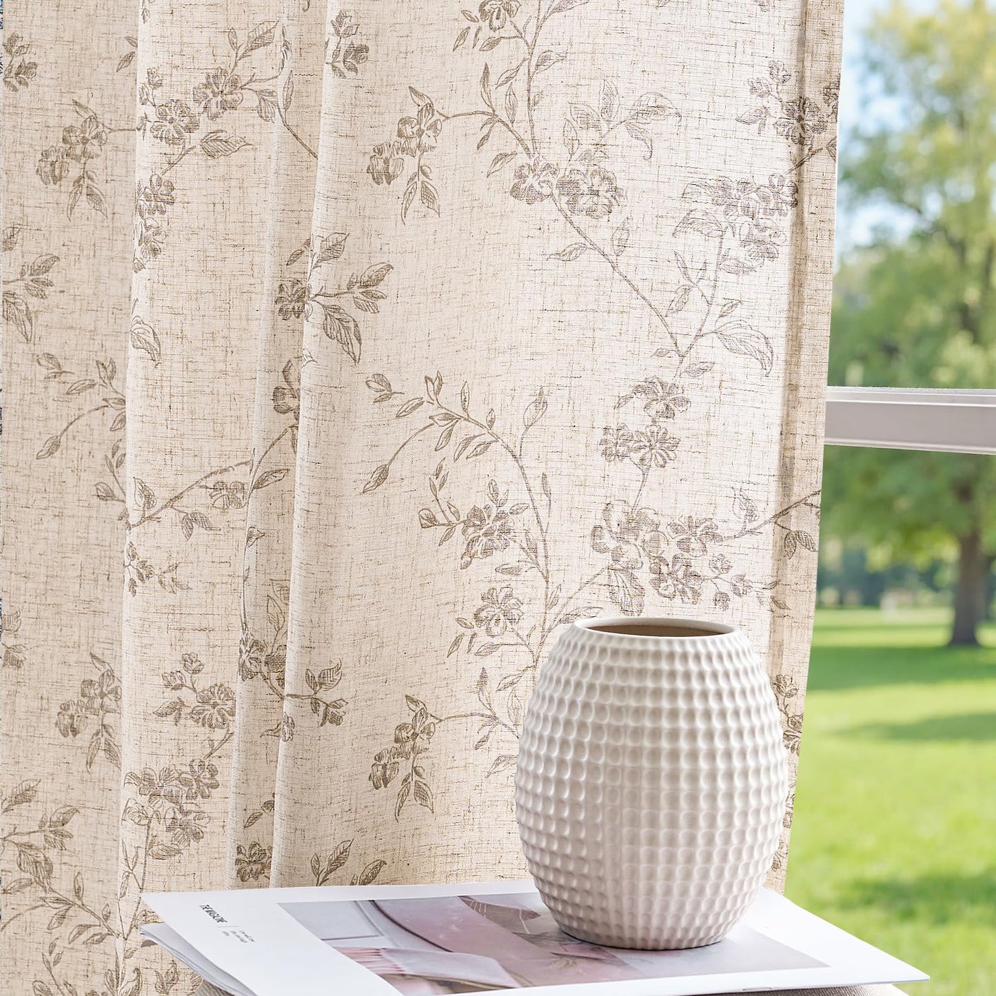 jinchan Linen Floral Curtains 63 Inch Farmhouse Country Flower Drapes Rustic Window Curtains Light Filtering for Living Room Bedroom Laundry Back Tab 2 Panels Taupe on Beige
