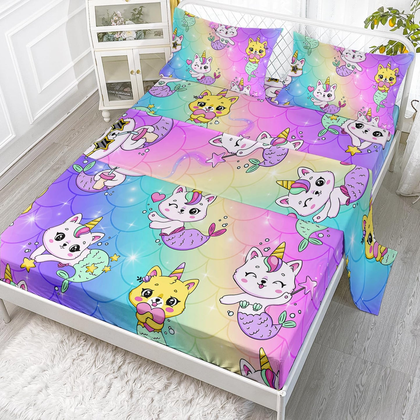 Axolotl Kawaii Unicorn Cat Sheets Set Twin,Rainbow Cartoon Cat Sheets Set,Mermaid Scales Bedding Set for Girls,Cats Bed Set,1 Flat Sheet 1 Fitted Sheet 2 Pillowcases,Pink Blue