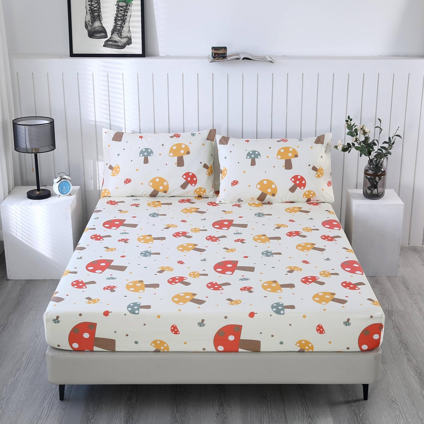 SDIII Cute Mushroom Fitted Sheet Twin with 2 Pillowcases, Deep Pocket Soft Microfiber Mushroom Sheet Twin for Boys Girls Kids and Teens