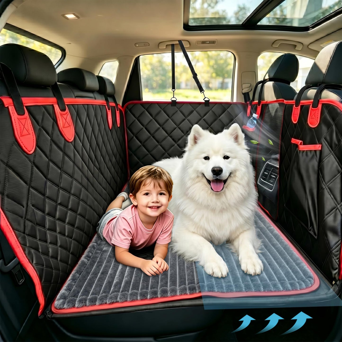 Dog Car Seat Cover for Back Seat with Soft Blankets, New Upgraded Waterproof Dog Hammock with Mesh Window, Wear-Resistant Hard Bottom Back Seat Holds 500 lbs, 66"x60"Size Fits Cars, Trucks, SUVs