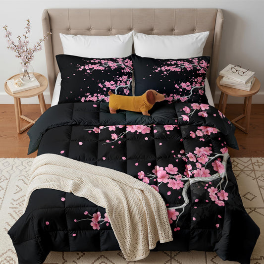 Japanese Cherry Blossom Comforter Set Twin Size 2 Pcs - All Season Comforter & Pillowcase, Asian Bedding Set, Soft Lightweight Down Alternative Duvet Insert, Pink and Black Bedroom Decor