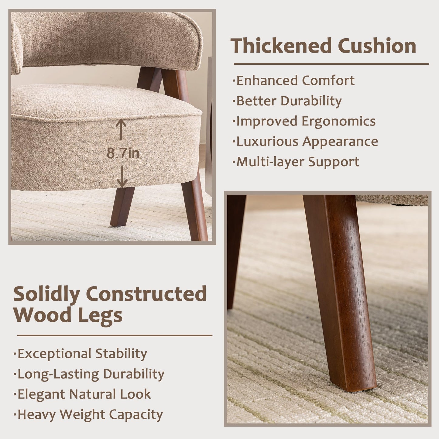 Rowill Boucle Accent Chair Set of 2, Round Upholstered Arm Barrel Chairs with Curved Backrest, Solid Wood Legs, Thick Cushion, for Living Room, Reading Nooks, Sunroom, Balcony, Bedroom, Brown