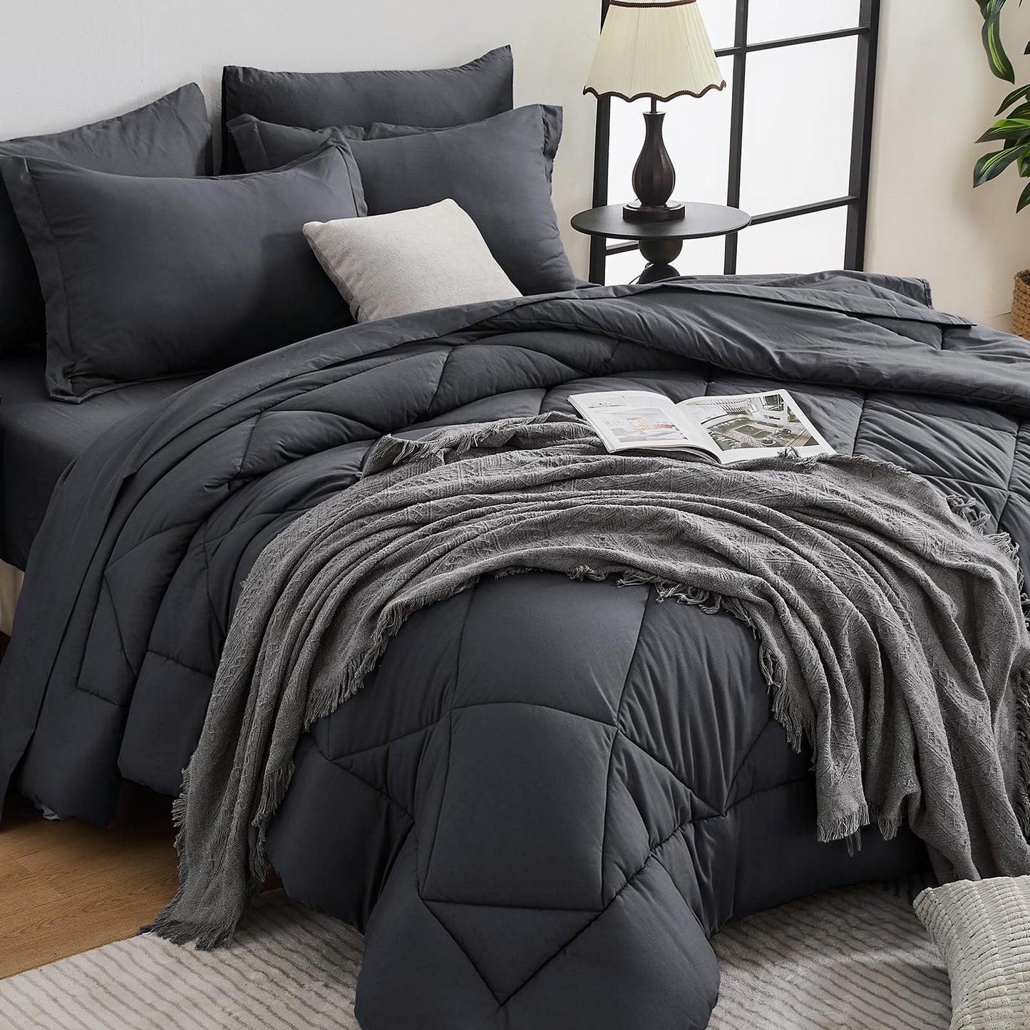 HEVUMYI Full Comforter Set - 7-Piece All Season Bed in a Bag Full, Ultra Soft Bedding Set with Comforter, Flat Sheet, Fitted Sheet, Pillowcases, Pillow Shams, Dark Grey