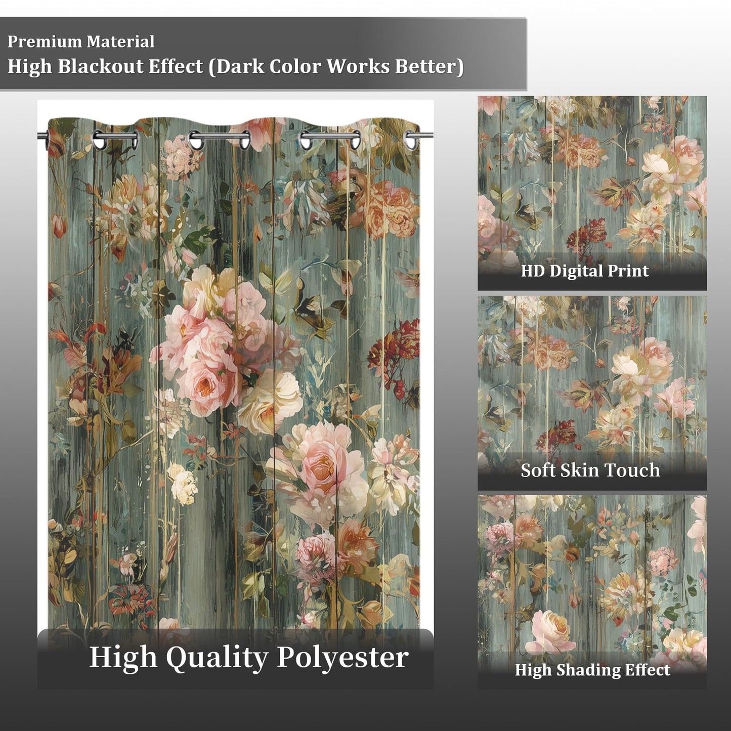 Vintage Floral Blackout Curtains for Bedroom 63 inch Long