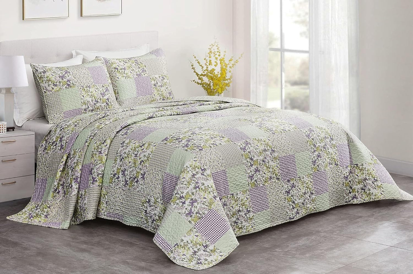 Chezmoi Collection Daisy 3-Piece Printed Patchwork Quilt Set - Purple Butterfly Botanical Candy Stripe Checkered Coverlet - Pre-Washed Microfiber Lightweight Reversible Bedspread, Full Size