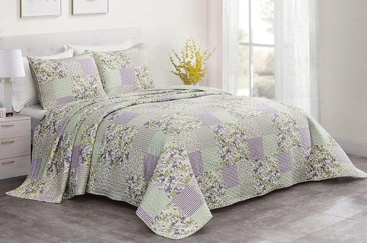 Chezmoi Collection Daisy 3-Piece Printed Patchwork Quilt Set - Purple Butterfly Botanical Candy Stripe Checkered Coverlet - Pre-Washed Microfiber Lightweight Reversible Bedspread, Full Size