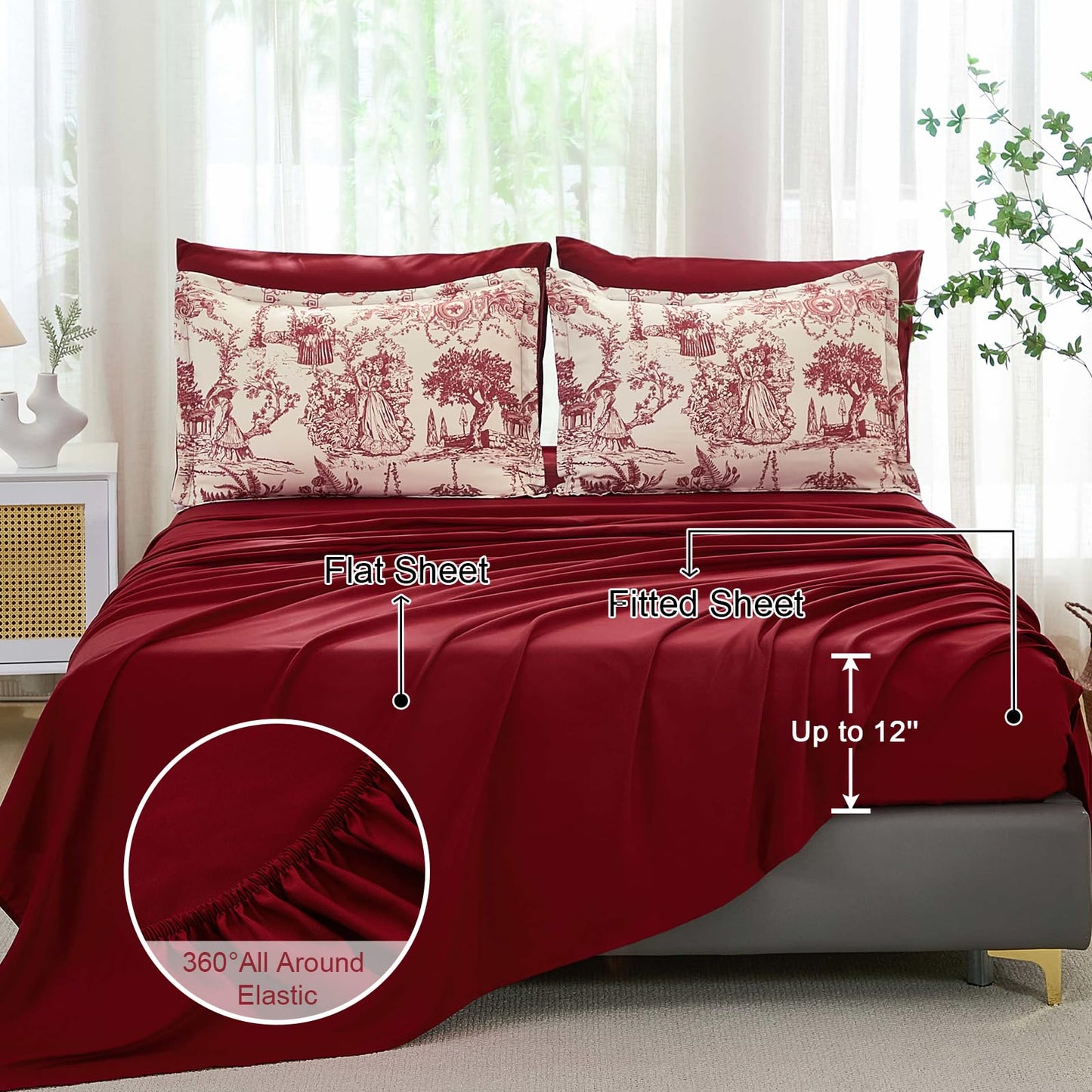 Red Comforter Set Queen 7 Piece Bed in a Bag Toile de Jouy Botanical Comforter with Sheet Set Soft Micorfiber Bedding Set (1 Comforter,2 Pillow Shams,1 Flat Sheet,1 Fitted Sheet,2 Pillowcases)