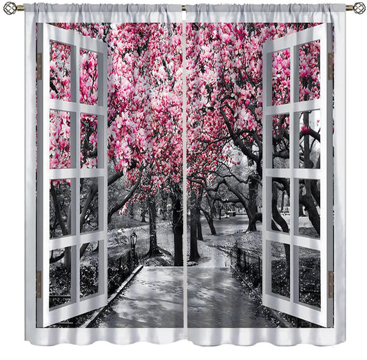 Landscape Decor Curtain, Vintage Window Outside Pink Flowers Trees Park Nature Scenery Rod Pocket Window Drapes, for Bedroom Living Room Kitchen Cafe 42" W X 45" L