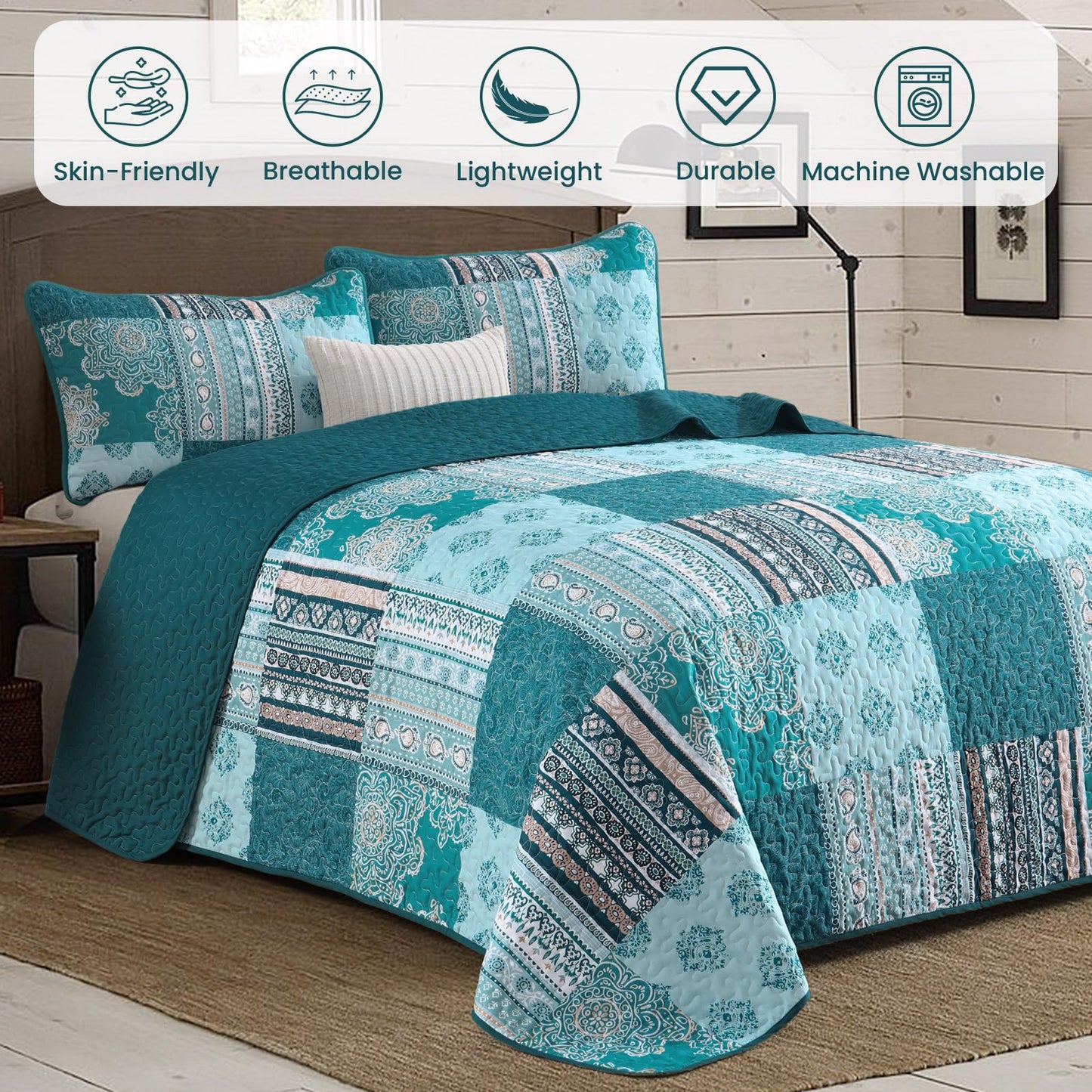 Dintszyayue Patchwork Quilt Set Queen Size,3 Pieces Teal Boho Bedspread Coverlet Set Turquoise Plaid Bohemian Quilt Bedding Set Reversible Bed Cover Soft Lightweight Coverlet Set (Queen,96"x90")
