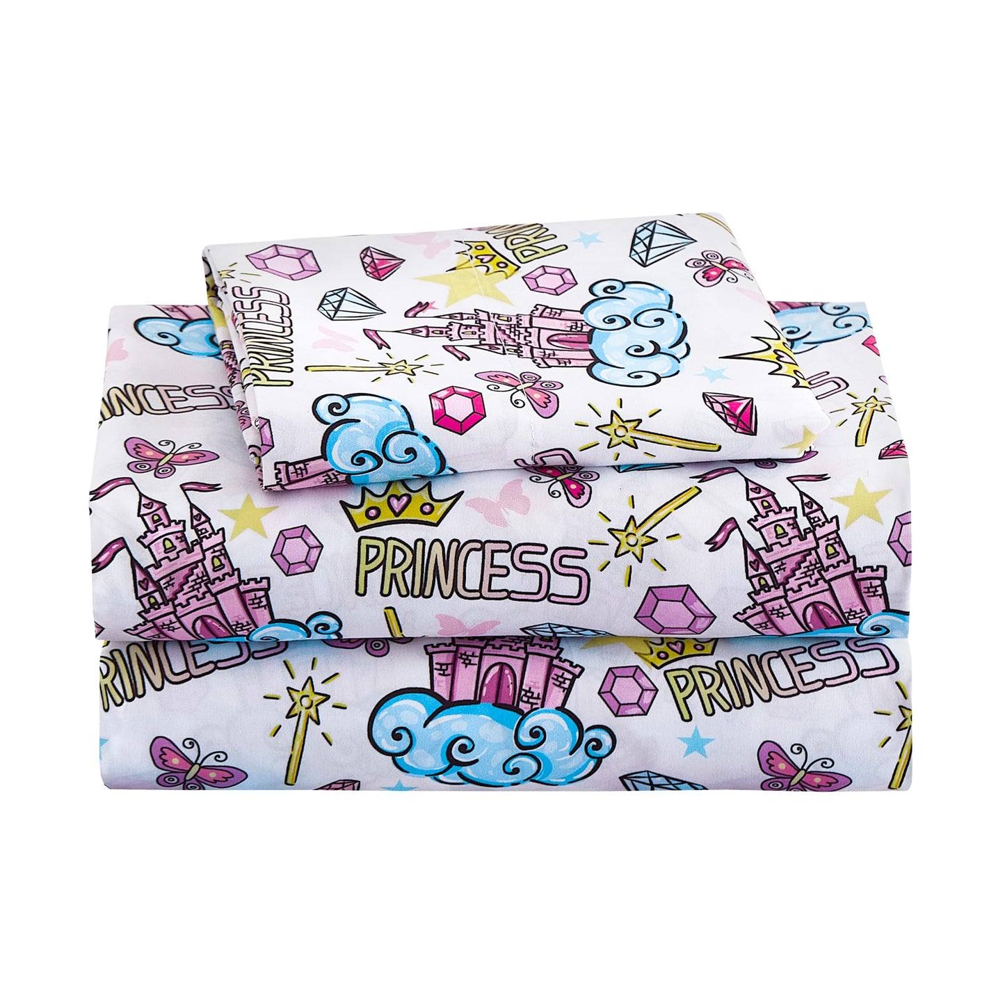 Softan Kids Bed Sheet Set, 4-Piece Full Size Sheets, Microfiber Fitted Sheet with 15 Inches Deep Pocket and Corner Straps, Breathable & Silky Soft Castle Diamond Printed Sheet and Pillowcase Sets