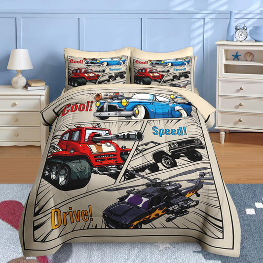 Nesker 5 Pcs Car Comforter Set Twin Size, Colorful Race Car Boys Bedding Nursery Brown Bed in a Bag for Kids and Adults, Retro Cool Truck Bed Sheet Sets with Fitted Sheet Pillowcases & Shams