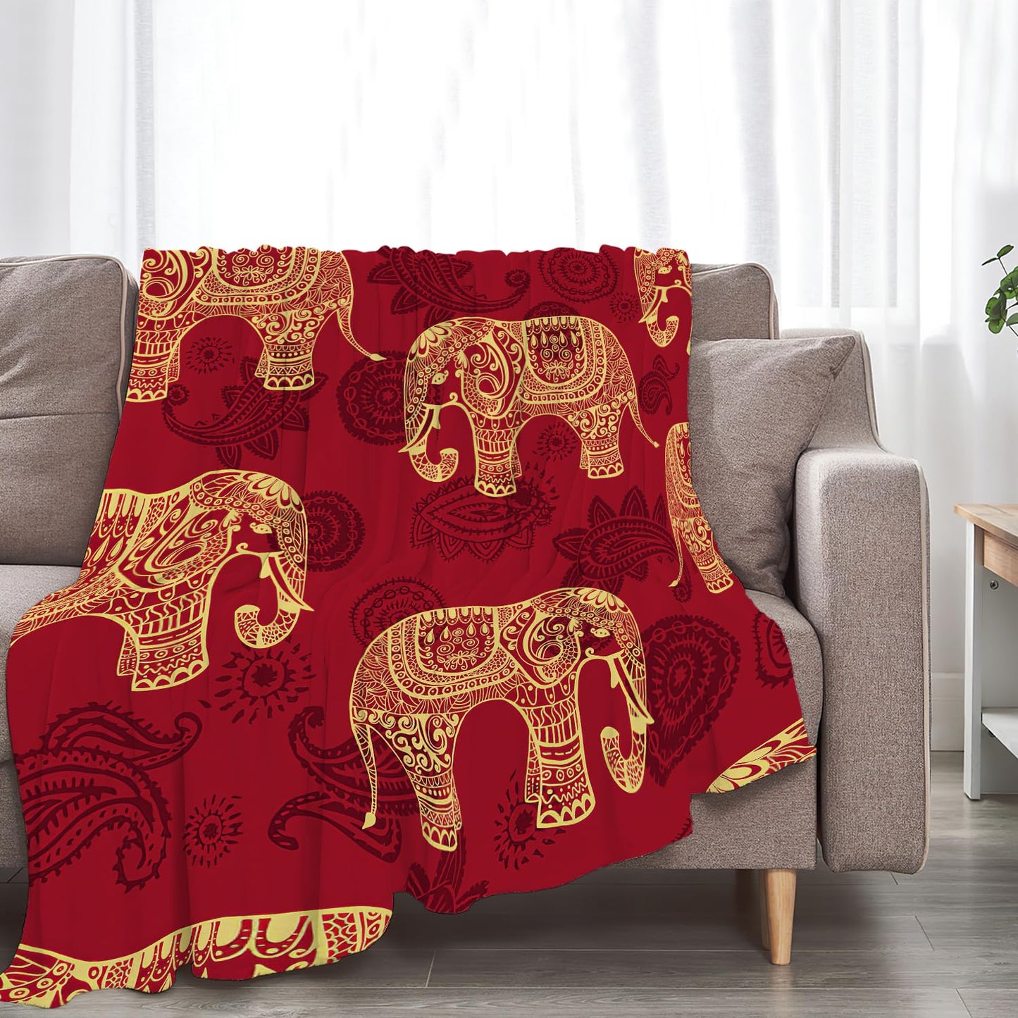 SweetFox Elephant Blanket Red Boho Elephant Decor Throw Blanket Gifts for Girls Boys Super Warm Soft Plush Lightweight Fleece Flannel Winter Couch Bedding Blankets for Kids Adults Women Men 50"X40"