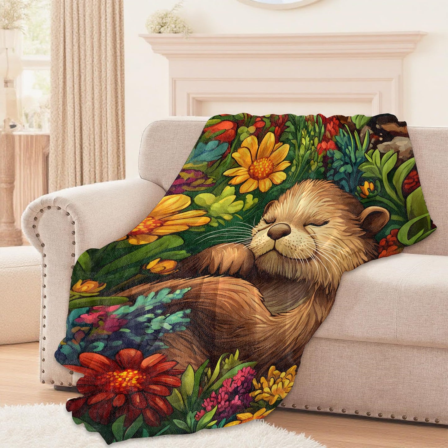 Lugiu Sweet Otter and Flowers Blanket, Lightweight Comfy Sleeping Otters Blankets for Couch Sofa Bedroom, Soft Plush Travel Flannel Throw Blanket Gifts for Adults Kids Women, Home Decor 60×50in