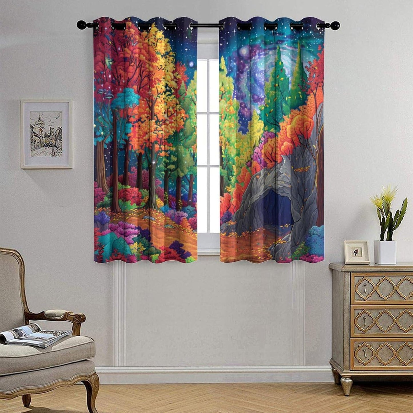 TOWINSFB Autumn Maple Leaves Blackout Curtains, Tree Leaf Forest Star Moon Grommet Thermal Insulated Curtains Window Drapes for Bedroom Living Room, 2 Panels, Each 21W x 63L